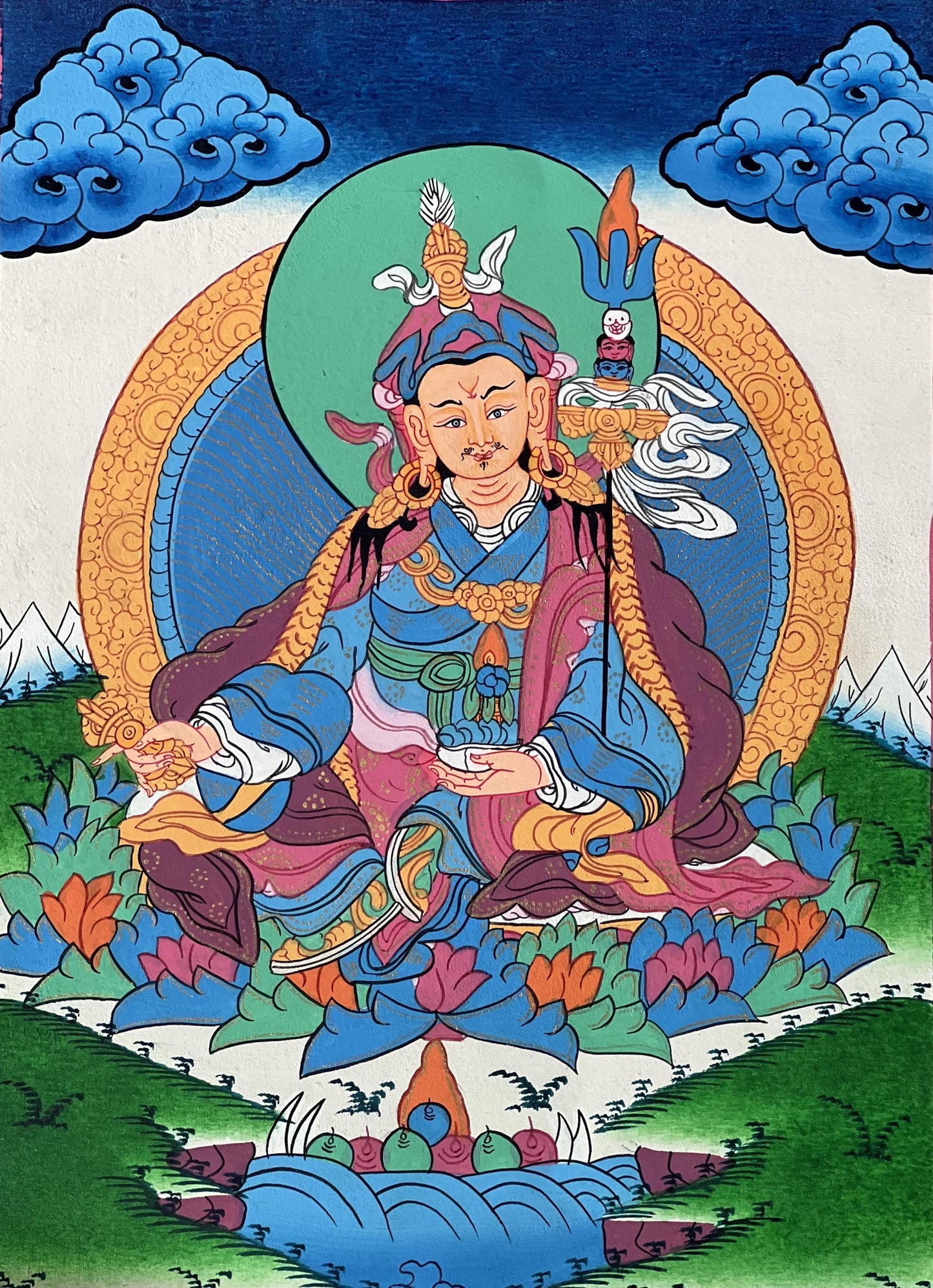 Original Hand-painted Padmasambhava Guru Rinpoche Master Quality Tibetan Thangka Painting with Silk Brocade