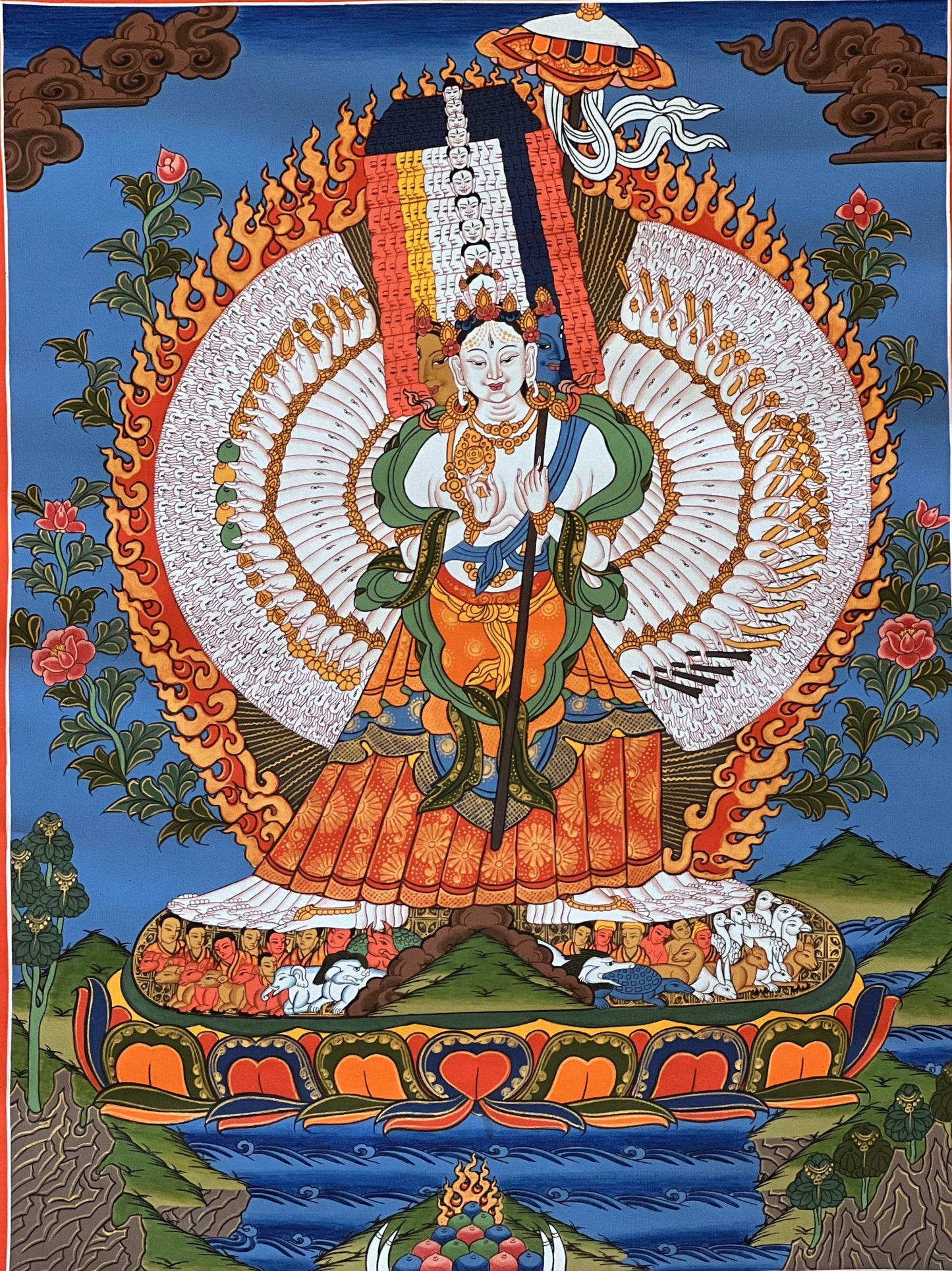 Thousand Armed Sitatapatra Tibetan Thangka Painting – White Umbrella Protection Goddess Art