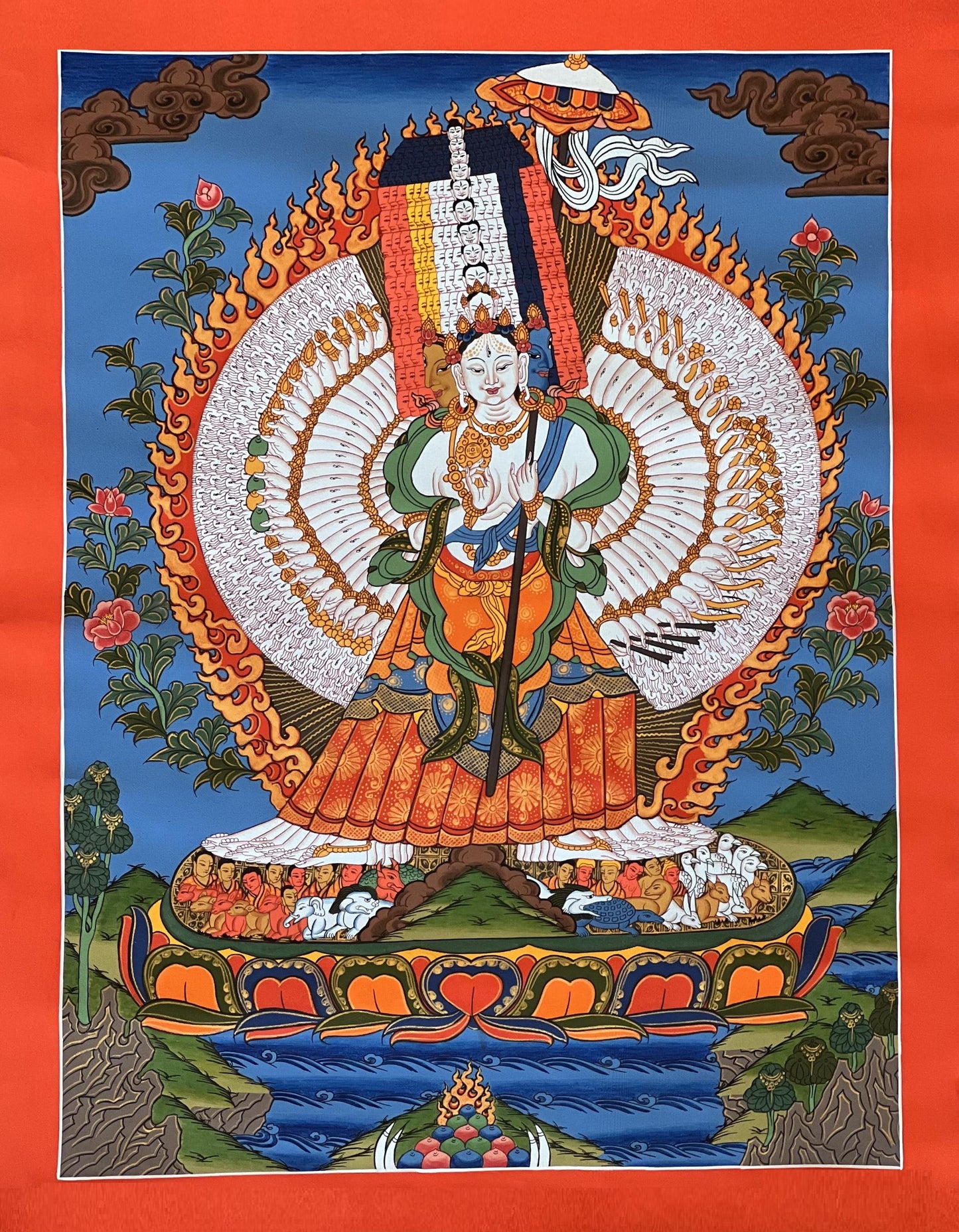 Thousand Armed Sitatapatra Tibetan Thangka Painting – White Umbrella Protection Goddess Art