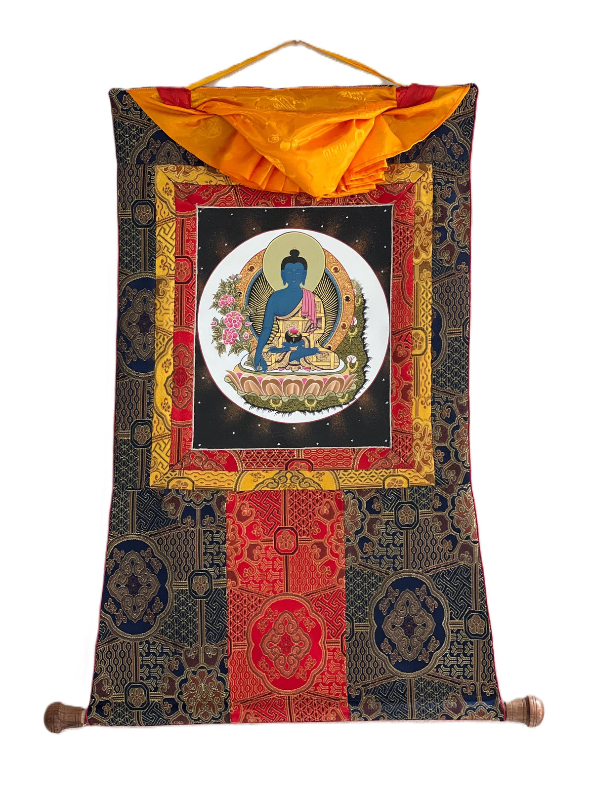 Medicine Buddha Thangka Painting | Silk Framed Tibetan Artwork