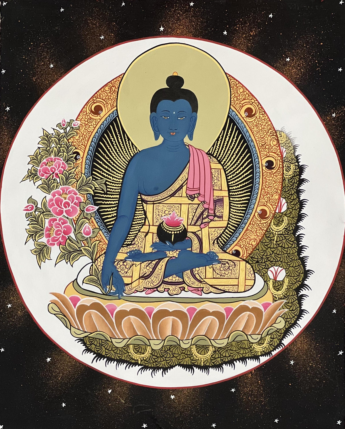 Medicine Buddha Thangka Painting | Silk Framed Tibetan Artwork