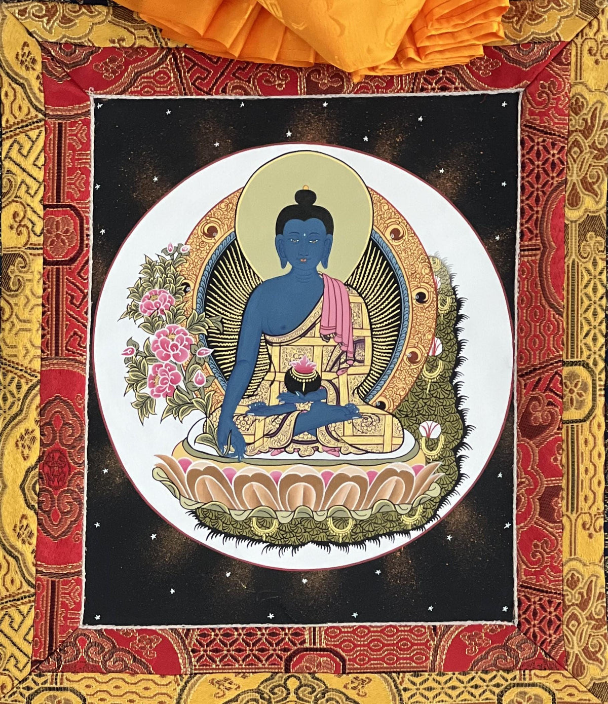 Medicine Buddha Thangka Painting | Silk Framed Tibetan Artwork