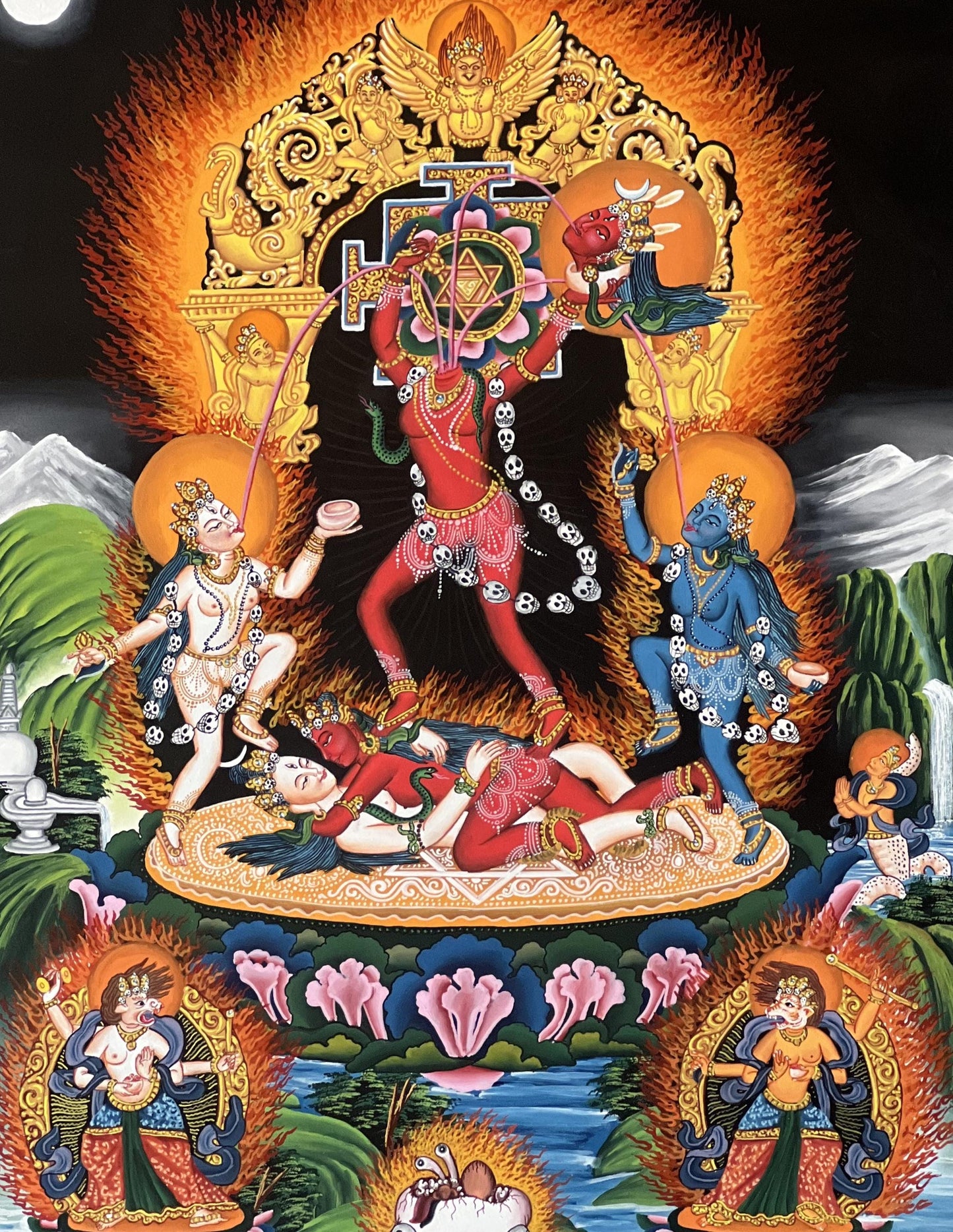 Hand-Painted Chhinnamasta Thangka | Newari Paubha Tantric Art