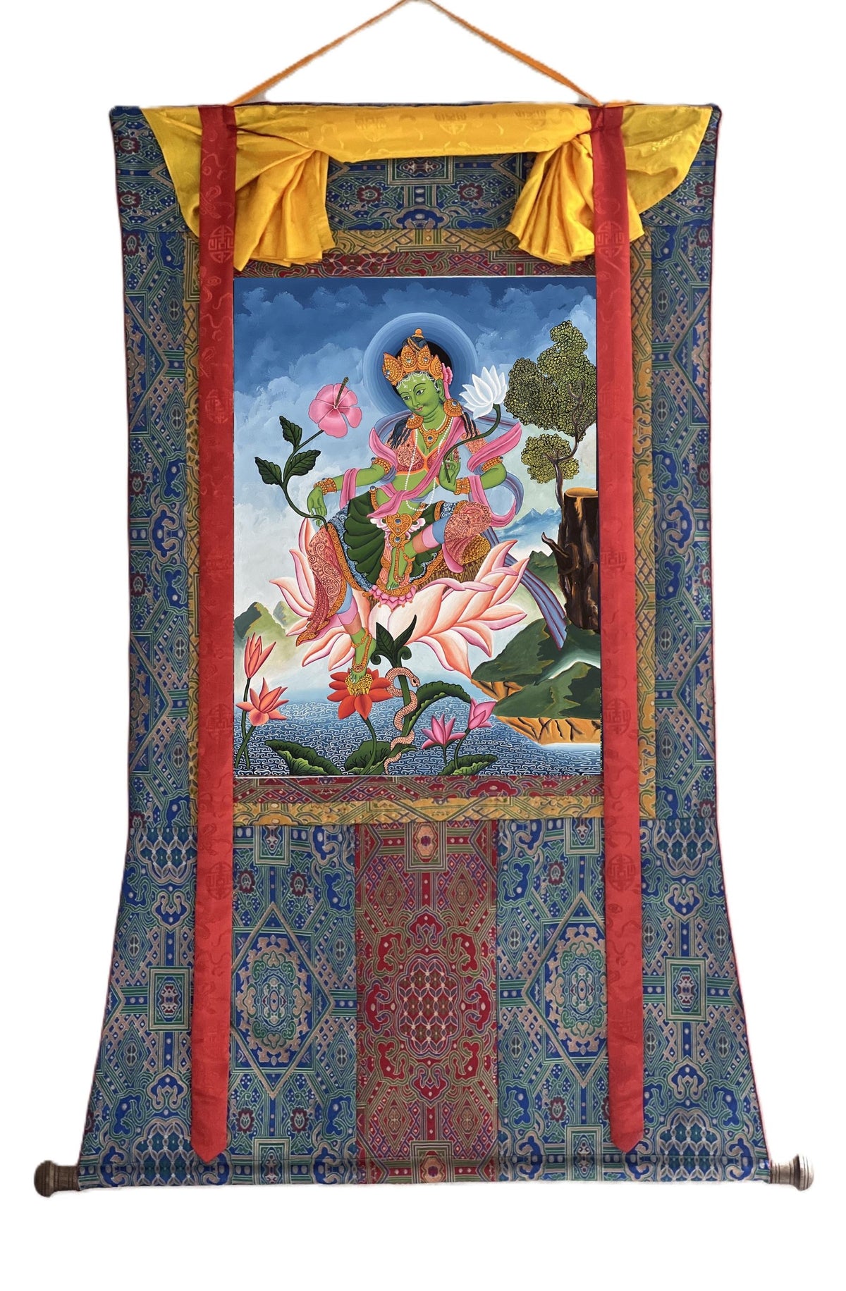Green Tara Thangka Painting, Newari Paubha, Silk Brocade