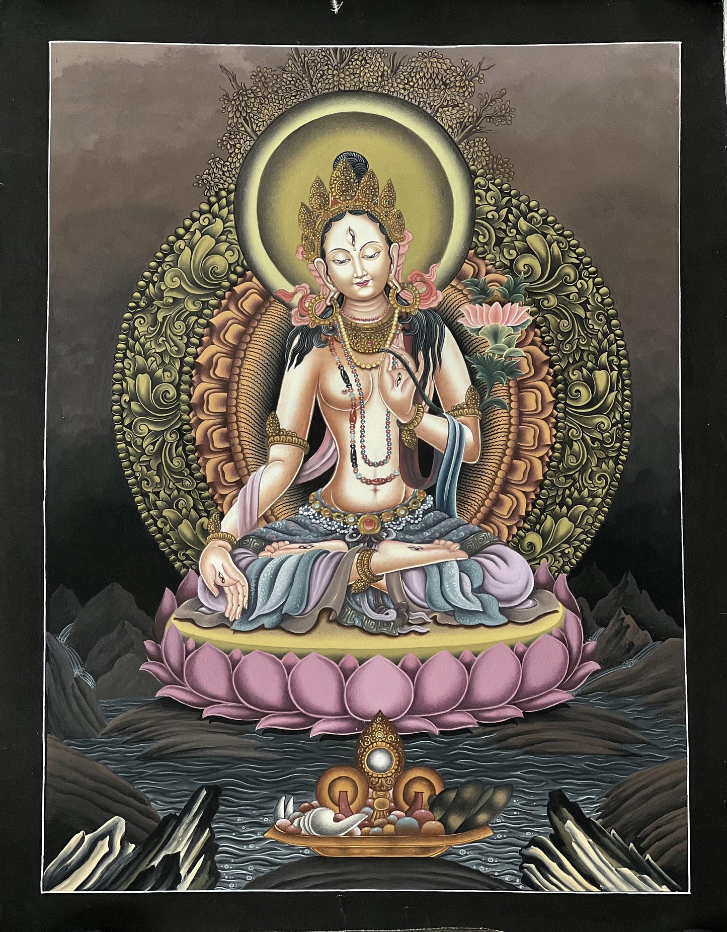White Tara Newari Paubha Thangka | Hand-Painted Compassion Goddess Art