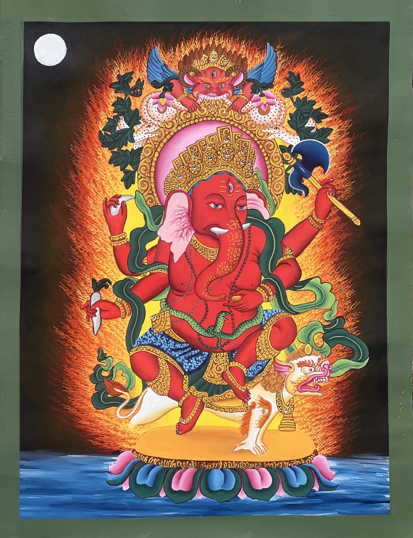 Red Ganesha Painting | Newari Paubha Art, Hindu God on Cotton Canvas