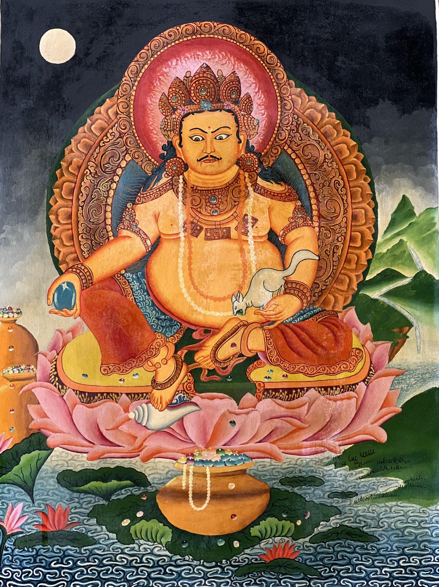 Hand Painted Jambhala Thangka | Newari Kubera God of Wealth Painting