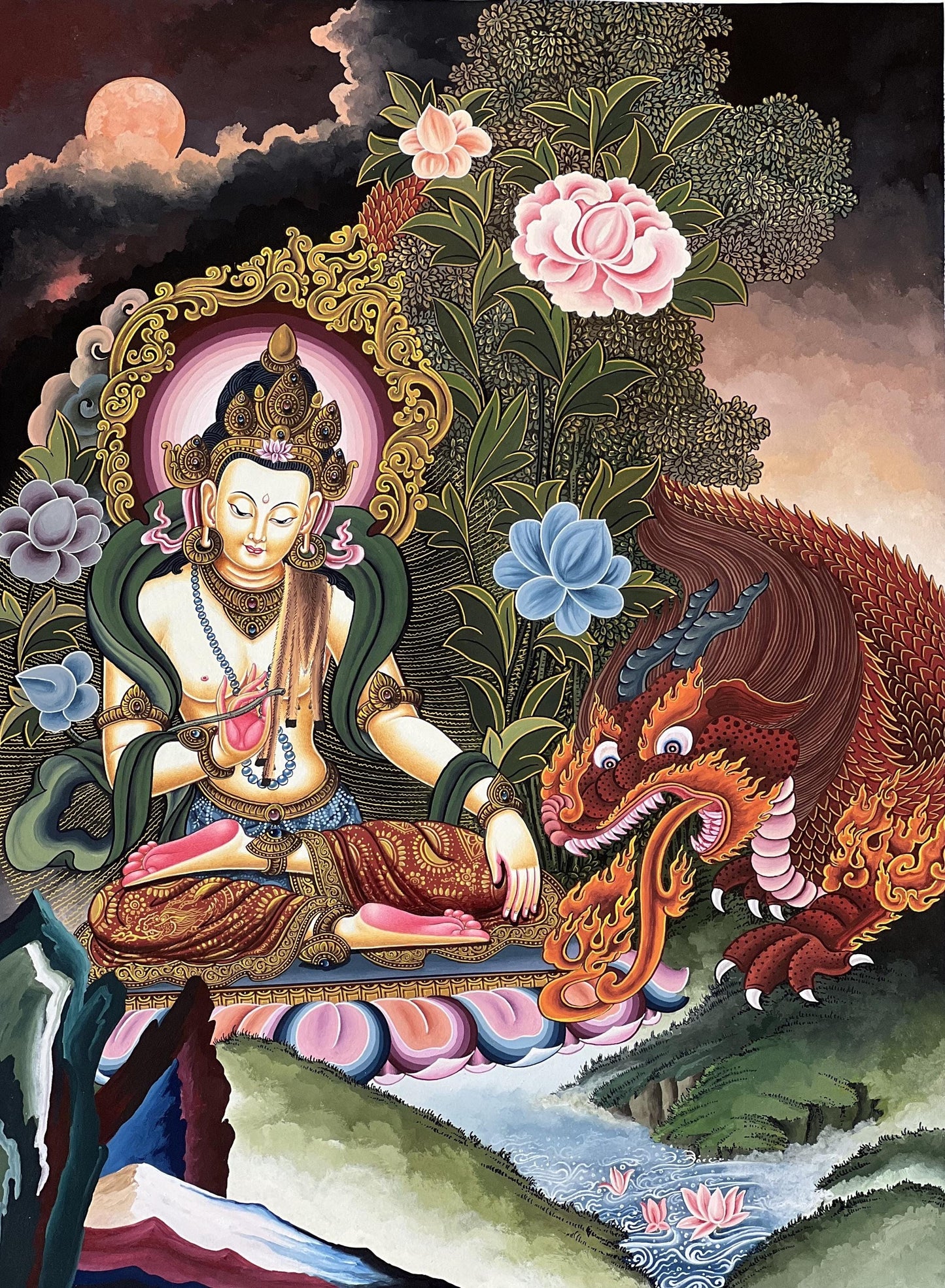 Bodhisattva Dragon Thangka |Original Hand-Painted Tibetan Buddhist Art | Spiritual Wisdom & Protection Decor