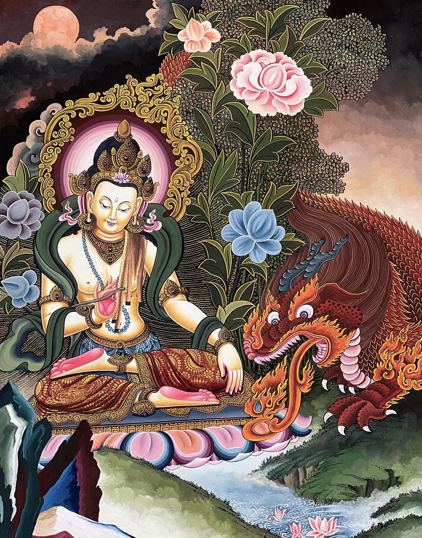 Bodhisattva Dragon Thangka |Original Hand-Painted Tibetan Buddhist Art | Spiritual Wisdom & Protection Decor