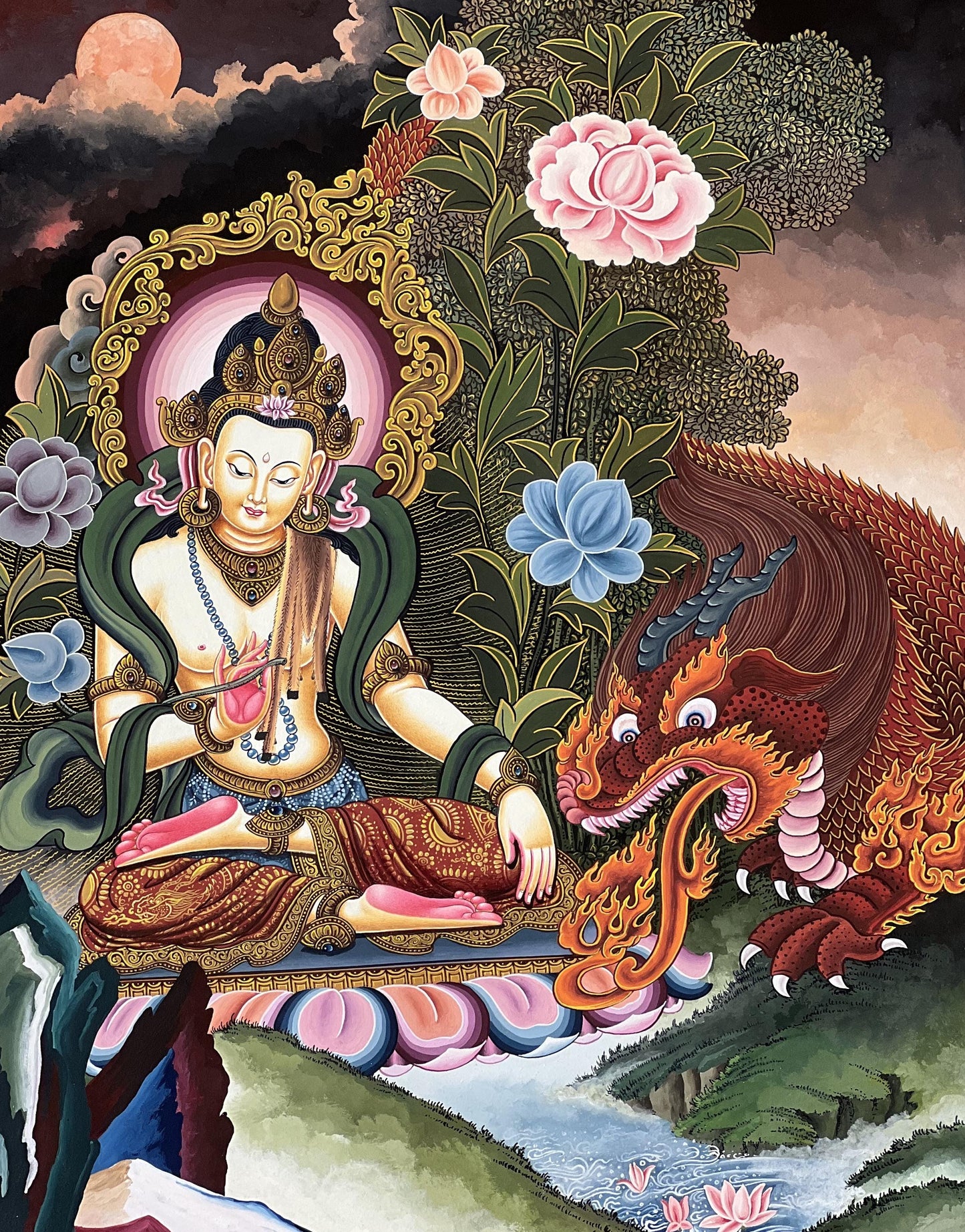 Bodhisattva Dragon Thangka |Original Hand-Painted Tibetan Buddhist Art | Spiritual Wisdom & Protection Decor
