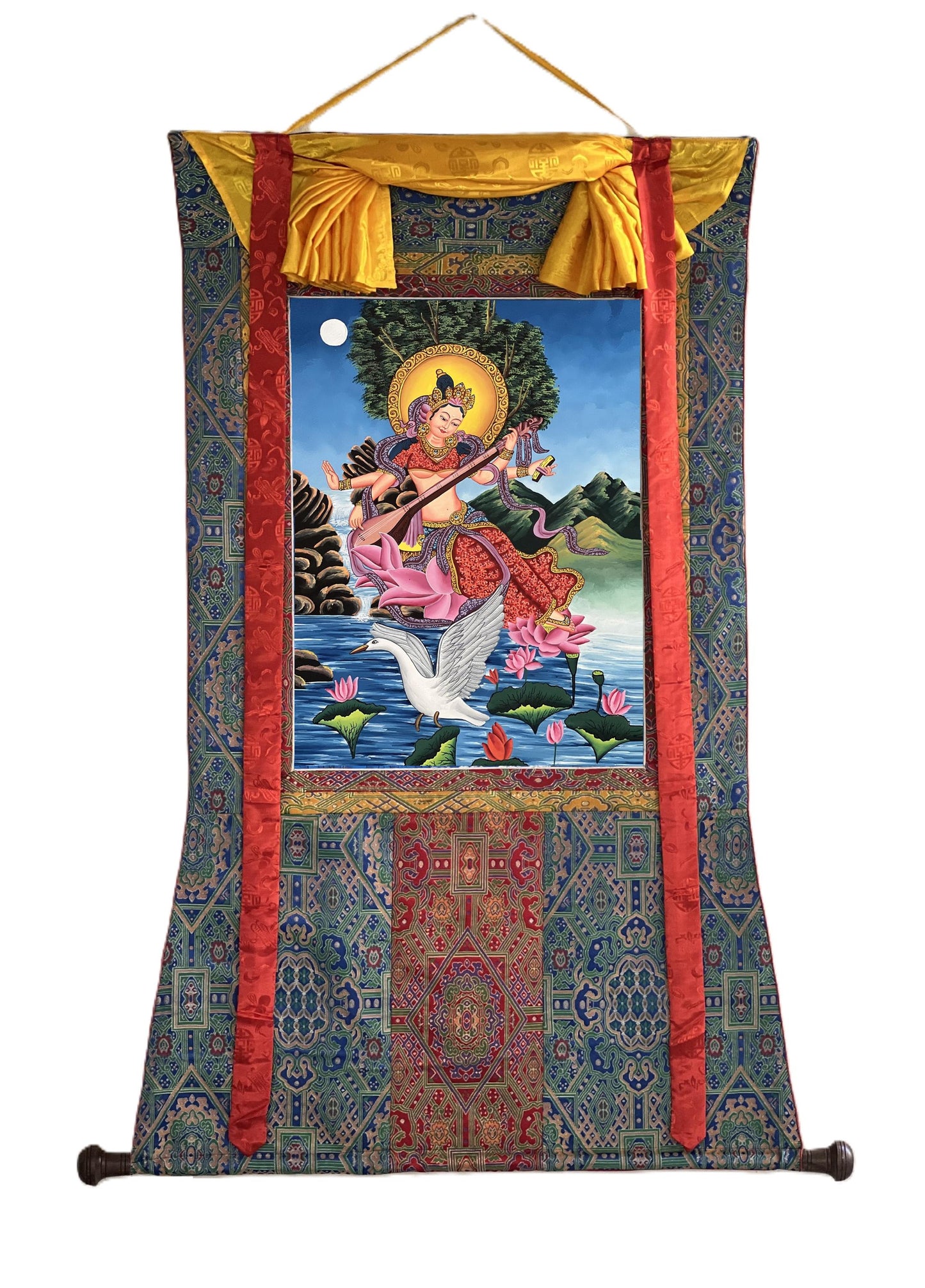 Hand-Painted Saraswati Thangka | Newari Paubha Art with Silk Brocade