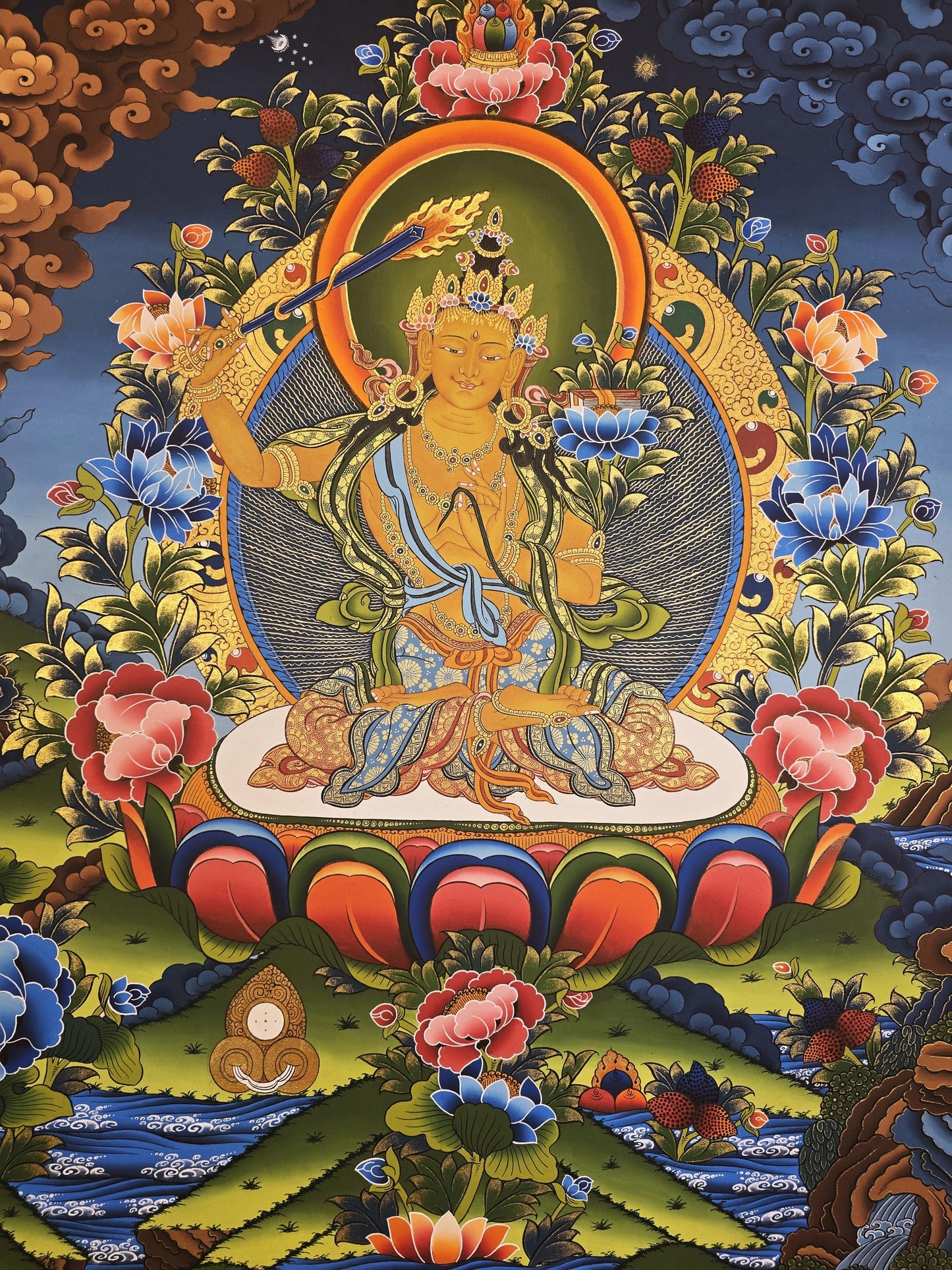 Manjushri Thangka | Hand-Painted Bodhisattva of Wisdom Tibetan Masterpiece