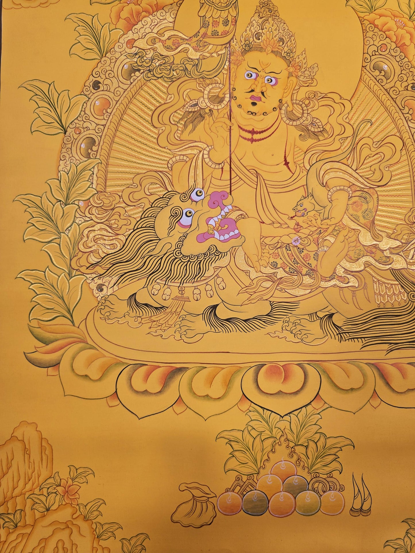 Hand-Painted Jambhala Thangka | Kubera on Snow Lion, Tibetan Wall Hanging