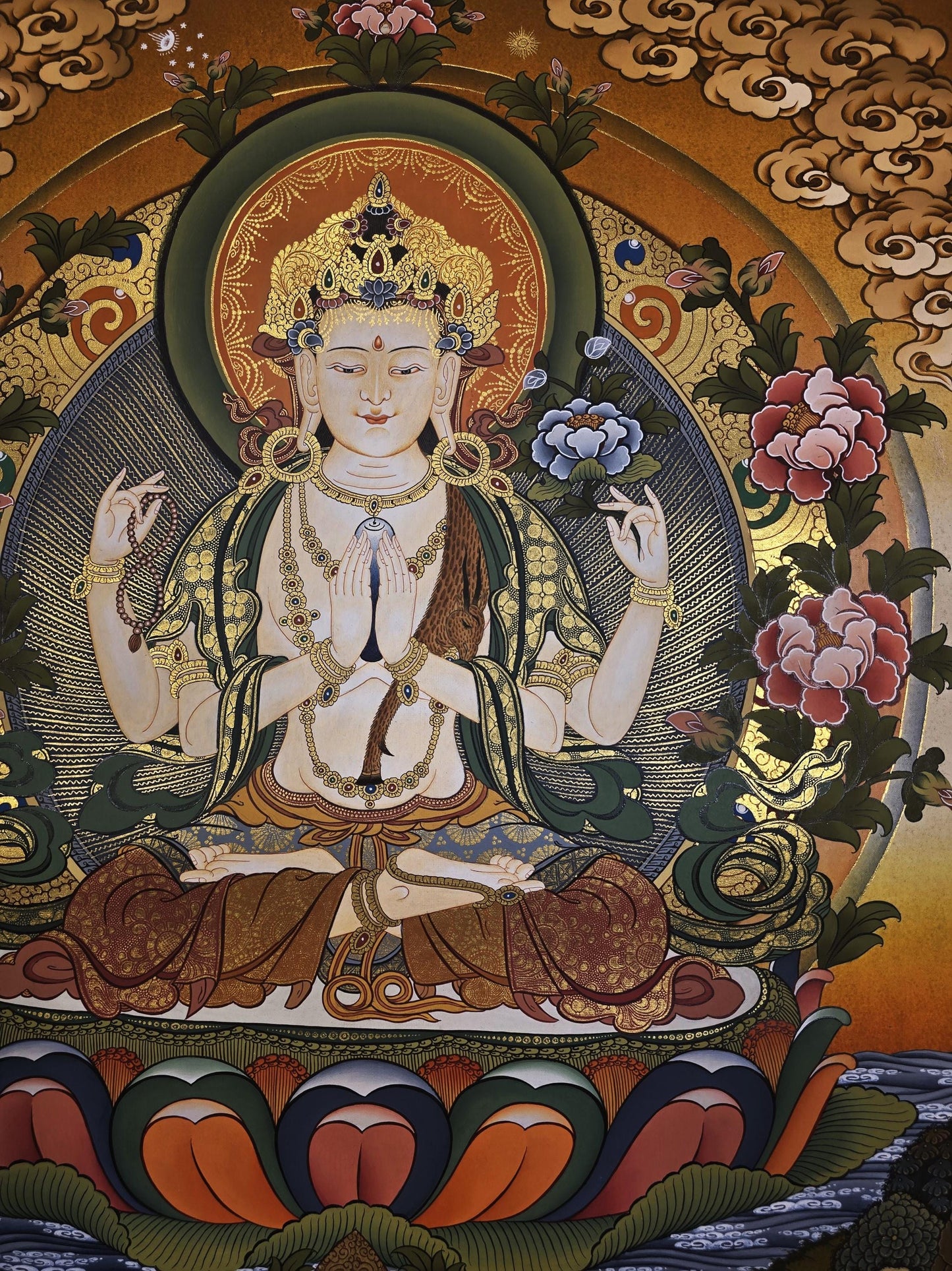 Original Hand-Painted Chenrezig Thangka | Avalokiteshvara Compassion Buddha | Tibetan Masterpiece Wall Hanging for Meditation