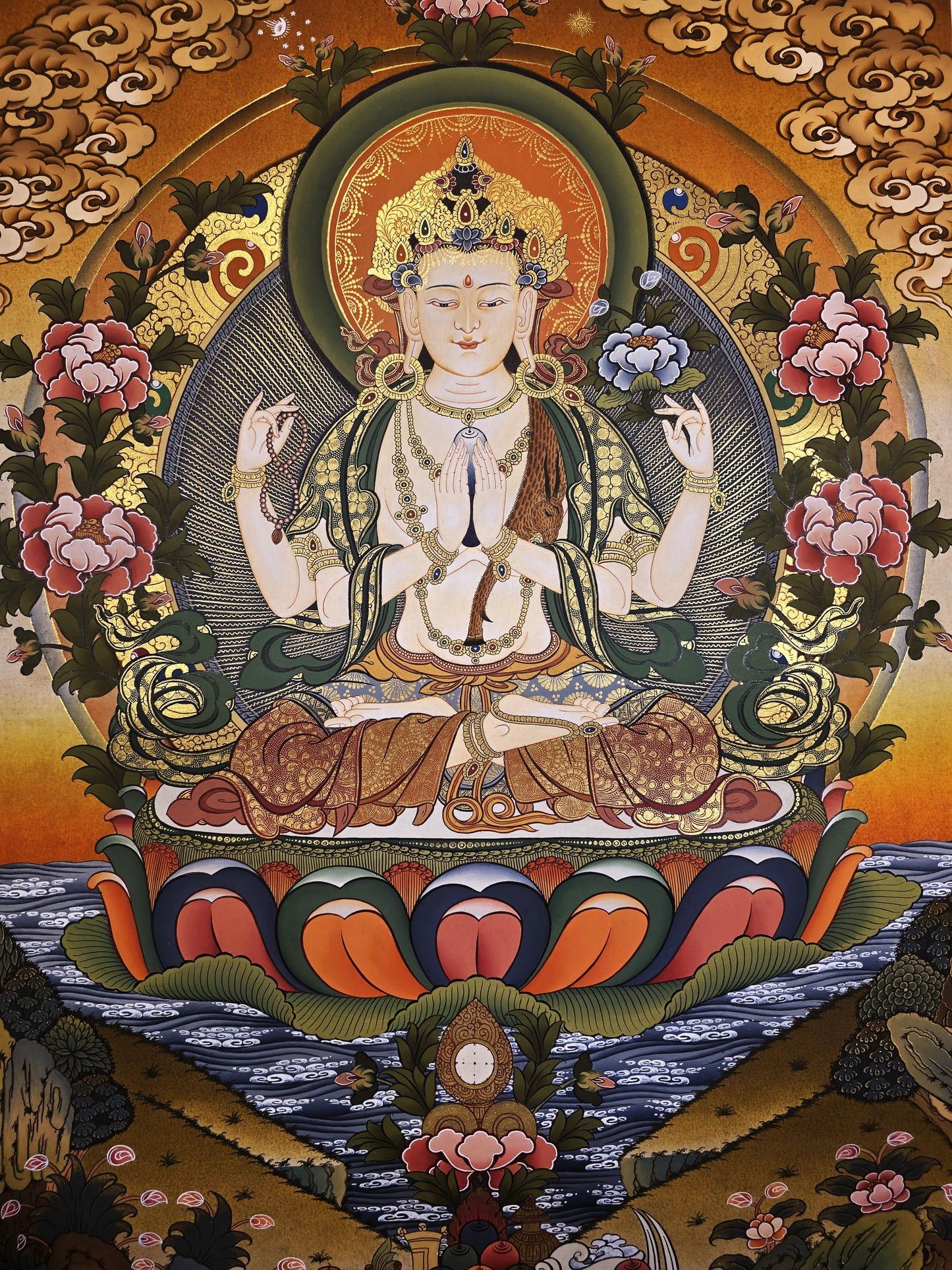 Original Hand-Painted Chenrezig Thangka | Avalokiteshvara Compassion Buddha | Tibetan Masterpiece Wall Hanging for Meditation