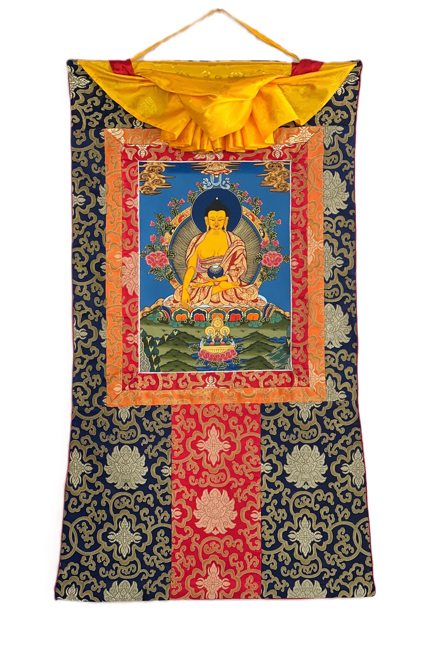Hand-Painted Shakyamuni Buddha Thangka | Silk Brocade, Spiritual Wall Art