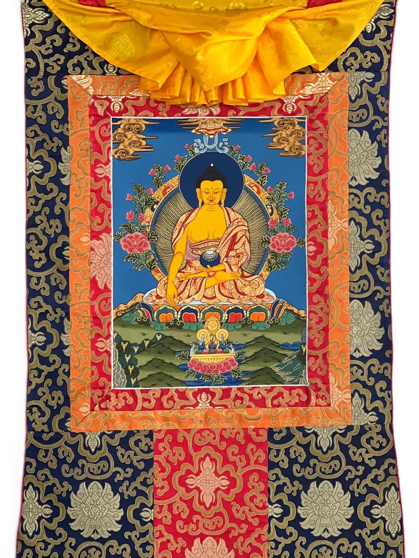 Hand-Painted Shakyamuni Buddha Thangka | Silk Brocade, Spiritual Wall Art