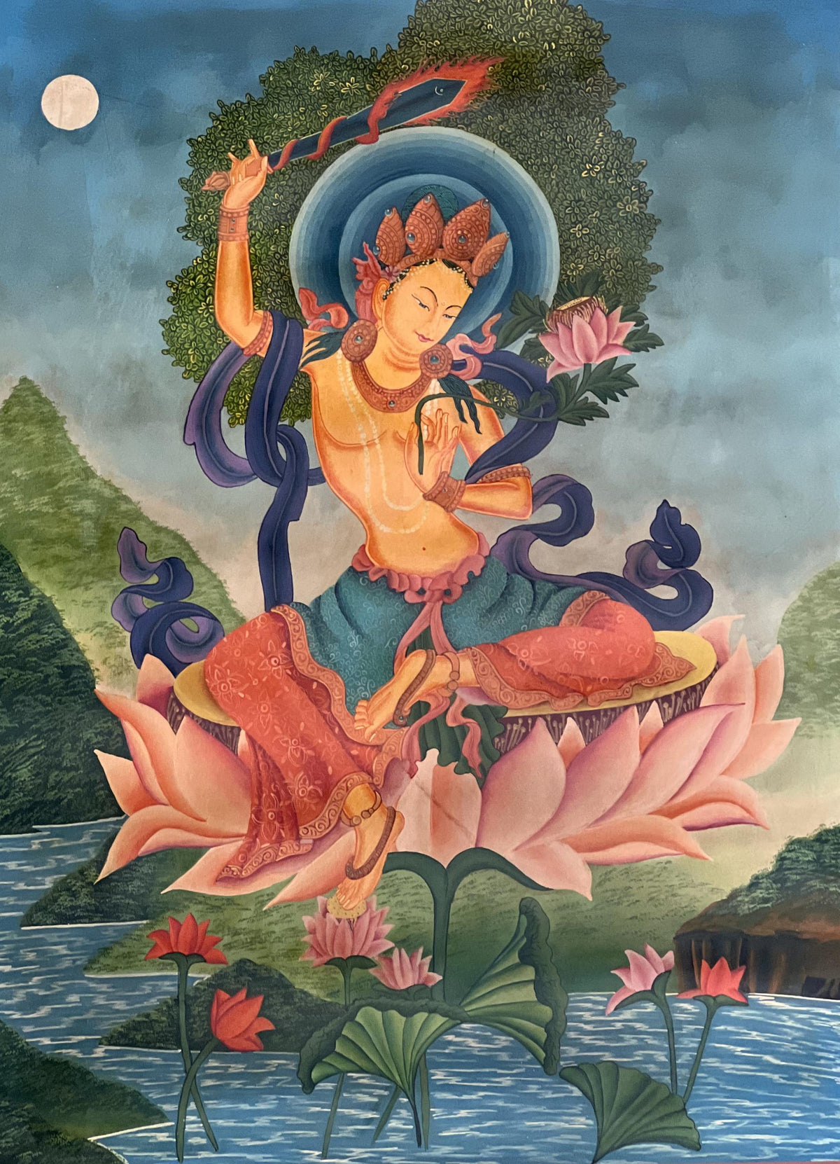 Manjushri Thangka Painting  Smoky  Newari Paubha, Himalayan Meditation Art