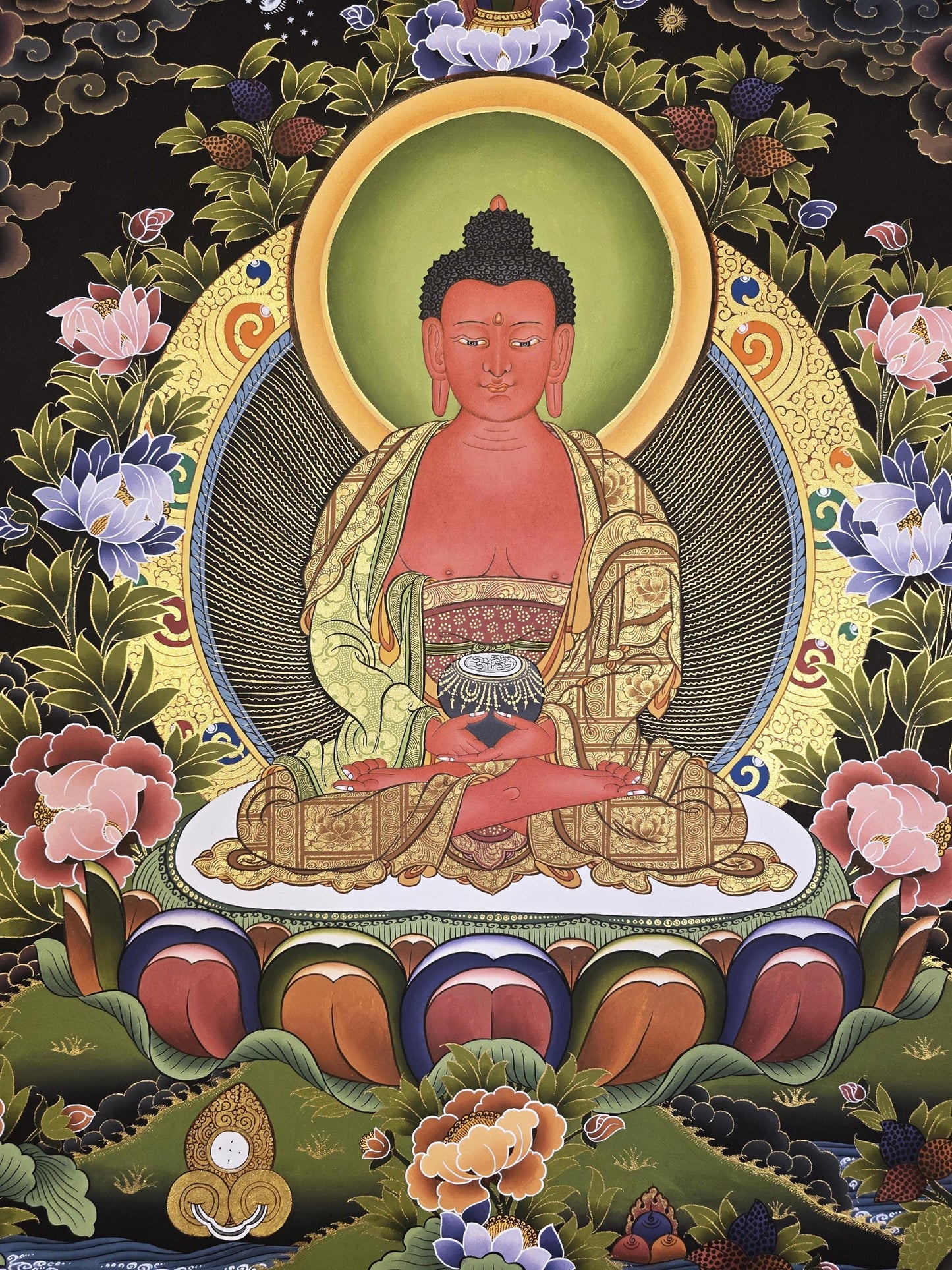 Original Hand-Painted Amitabha Buddha Thangka | Gold Tibetan Masterpiece | Compassion & Meditation Wall Hanging from Nepal