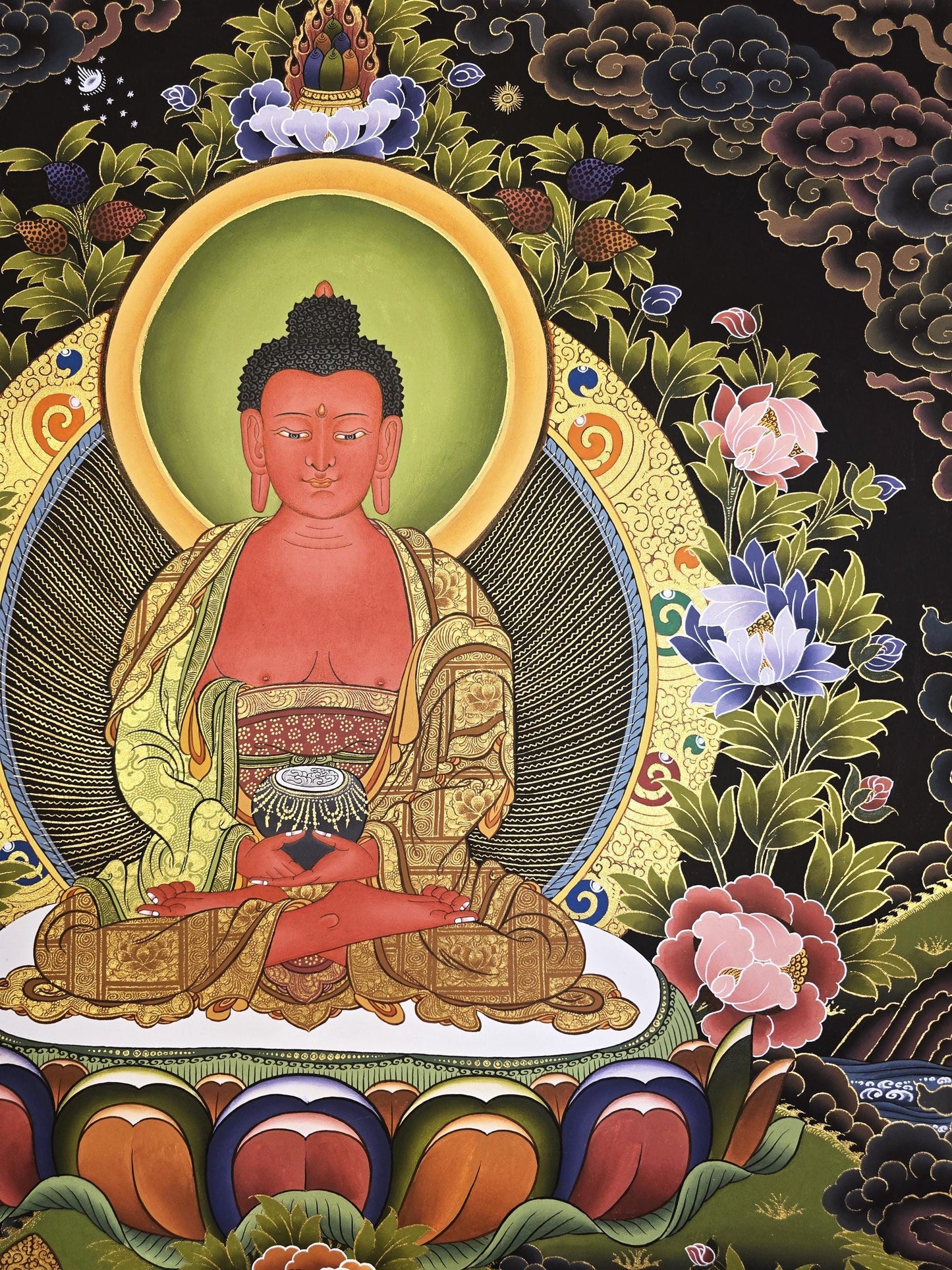 Original Hand-Painted Amitabha Buddha Thangka | Gold Tibetan Masterpiece | Compassion & Meditation Wall Hanging from Nepal
