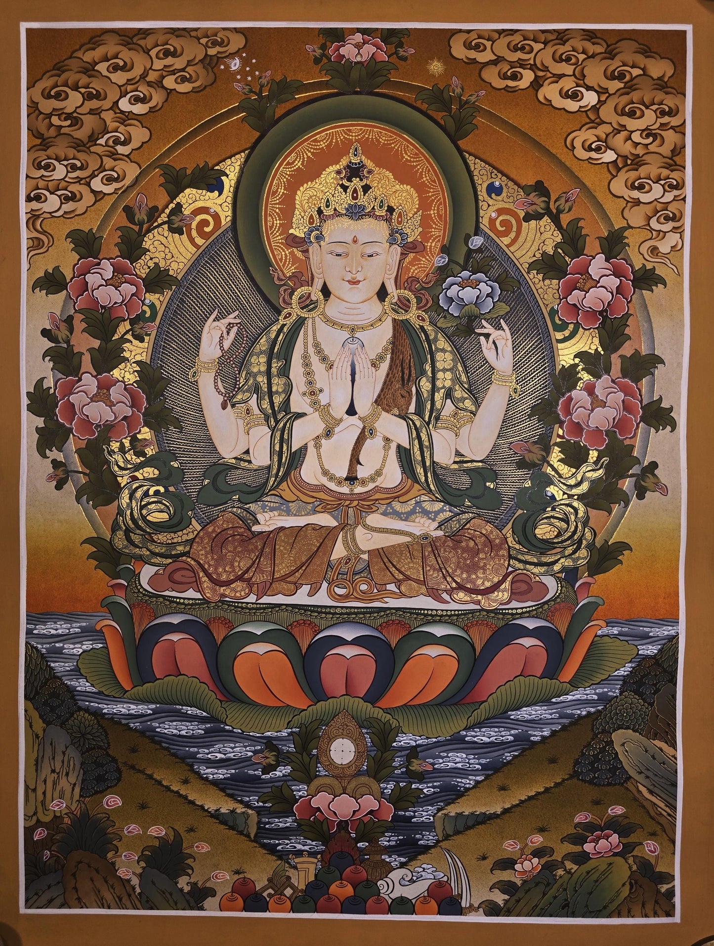 Original Hand-Painted Chenrezig Thangka | Avalokiteshvara Compassion Buddha | Tibetan Masterpiece Wall Hanging for Meditation