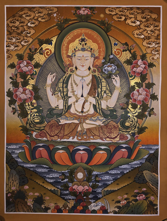 Original Hand-Painted Chenrezig Thangka | Avalokiteshvara Compassion Buddha | Tibetan Masterpiece Wall Hanging for Meditation