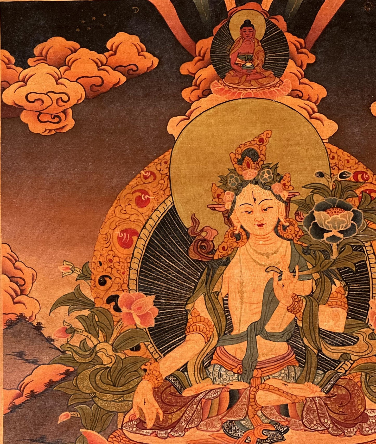 Hand-Painted White Tara Thangka – Semi-Antique Tibetan Gold & Silver Art, Silk Brocade