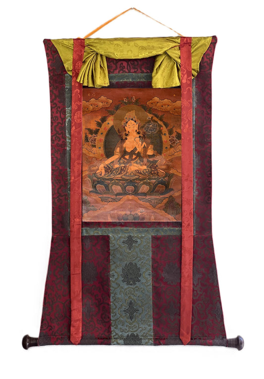 Hand-Painted White Tara Thangka – Tibetan Oil Painting on Silk Brocade