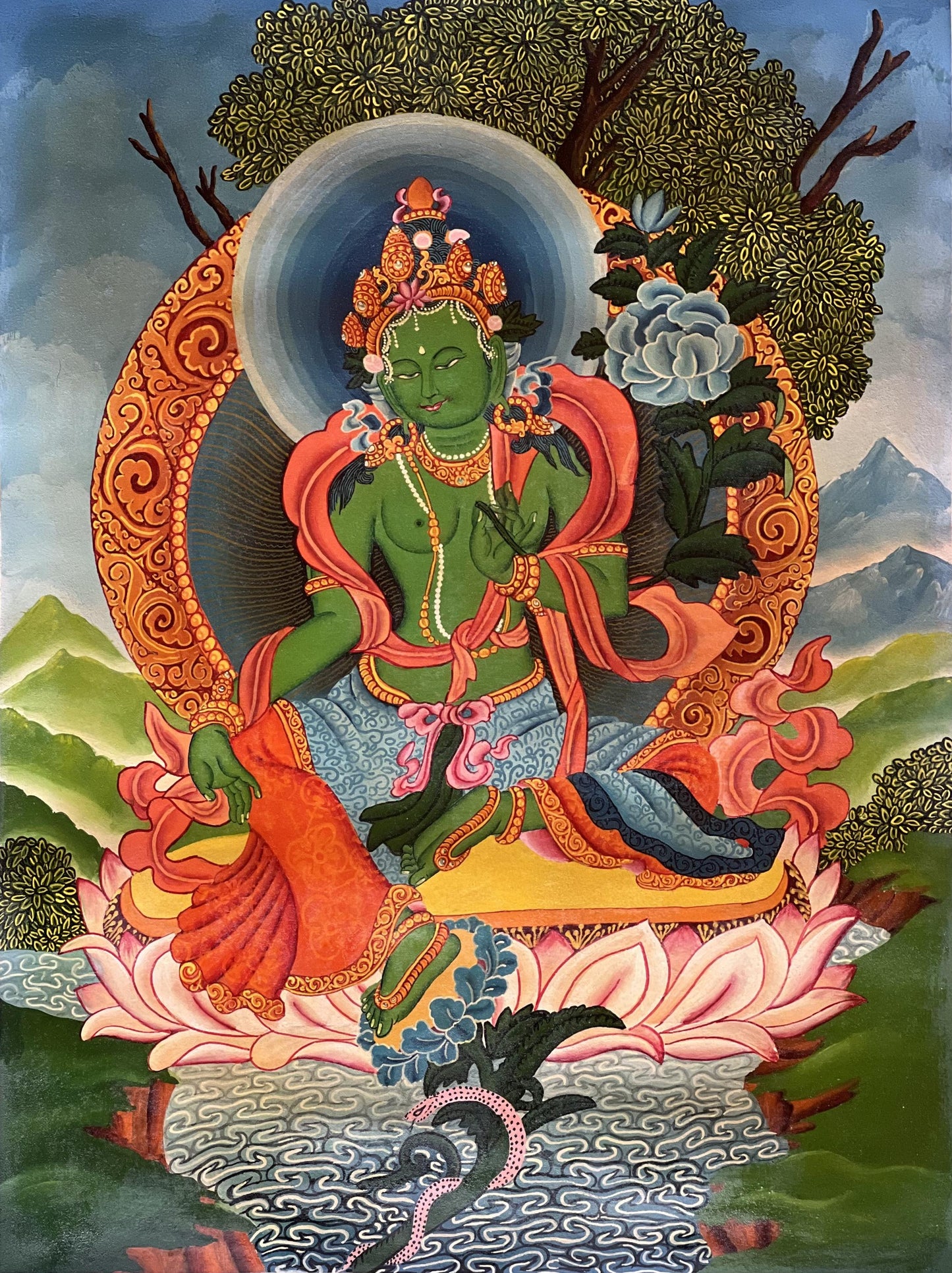 Green Tara Thangka Painting | Hand-Painted Newari Paubha Art with Silk Brocade