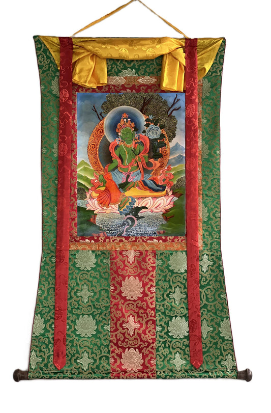 Green Tara Thangka Painting | Hand-Painted Newari Paubha Art with Silk Brocade