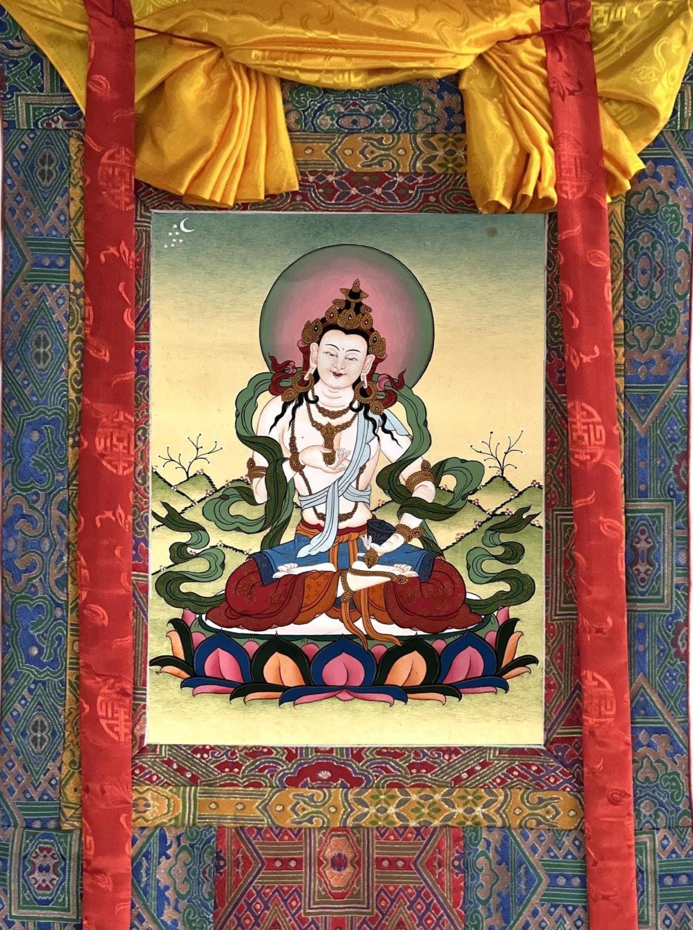 Hand-Painted Vajrasattva Buddha Thangka - Gold Detail Silk Brocade
