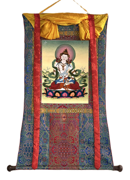 Hand-Painted Vajrasattva Buddha Thangka - Gold Detail Silk Brocade