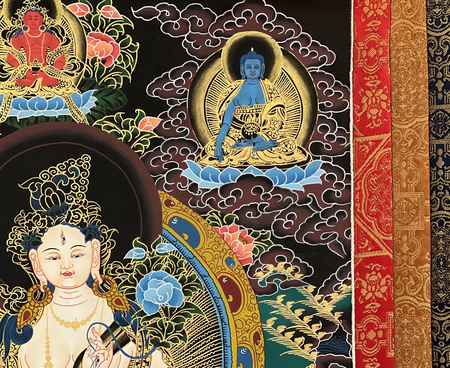 Hand-Painted White Tara Thangka, Silk Brocade, Tibetan Buddhist Art