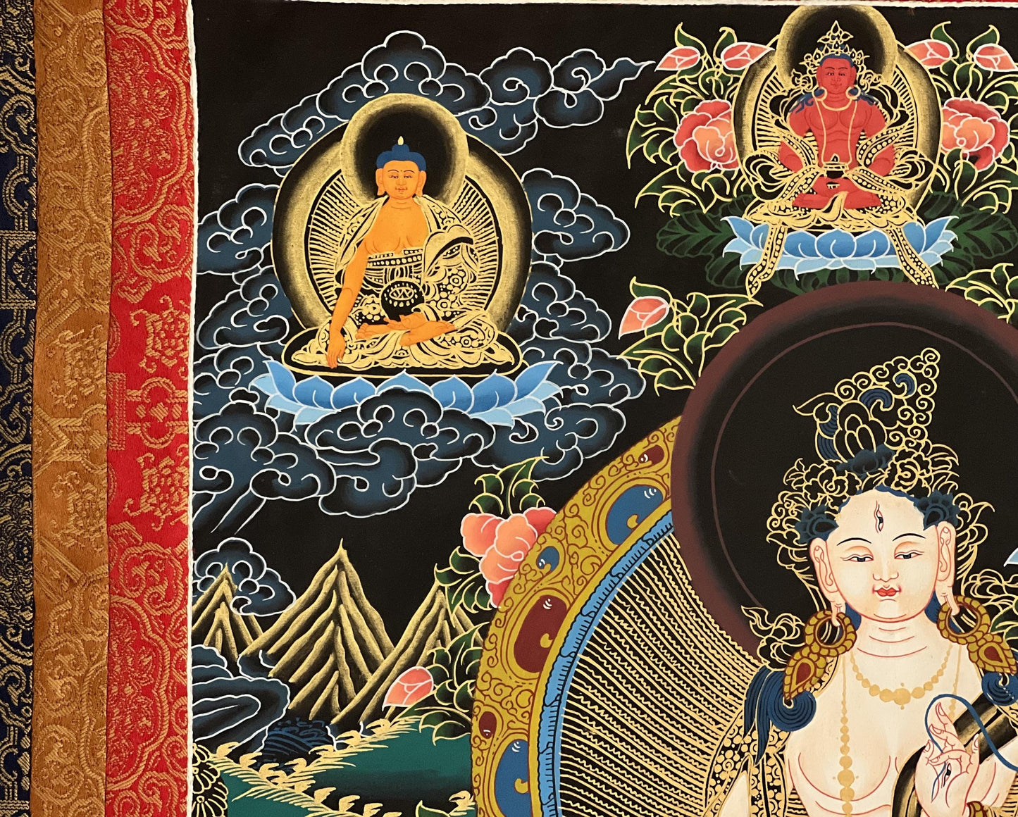 Hand-Painted White Tara Thangka, Silk Brocade, Tibetan Buddhist Art