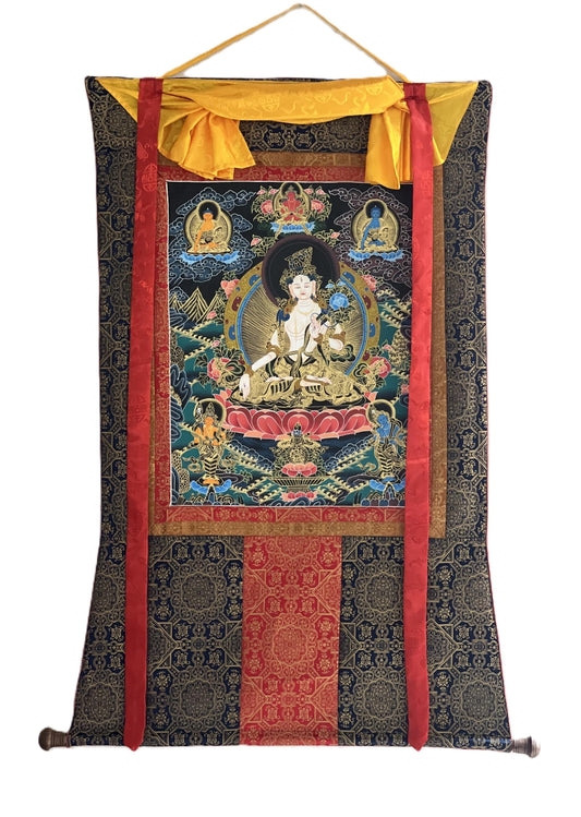 Hand-Painted White Tara Thangka, Silk Brocade, Tibetan Buddhist Art