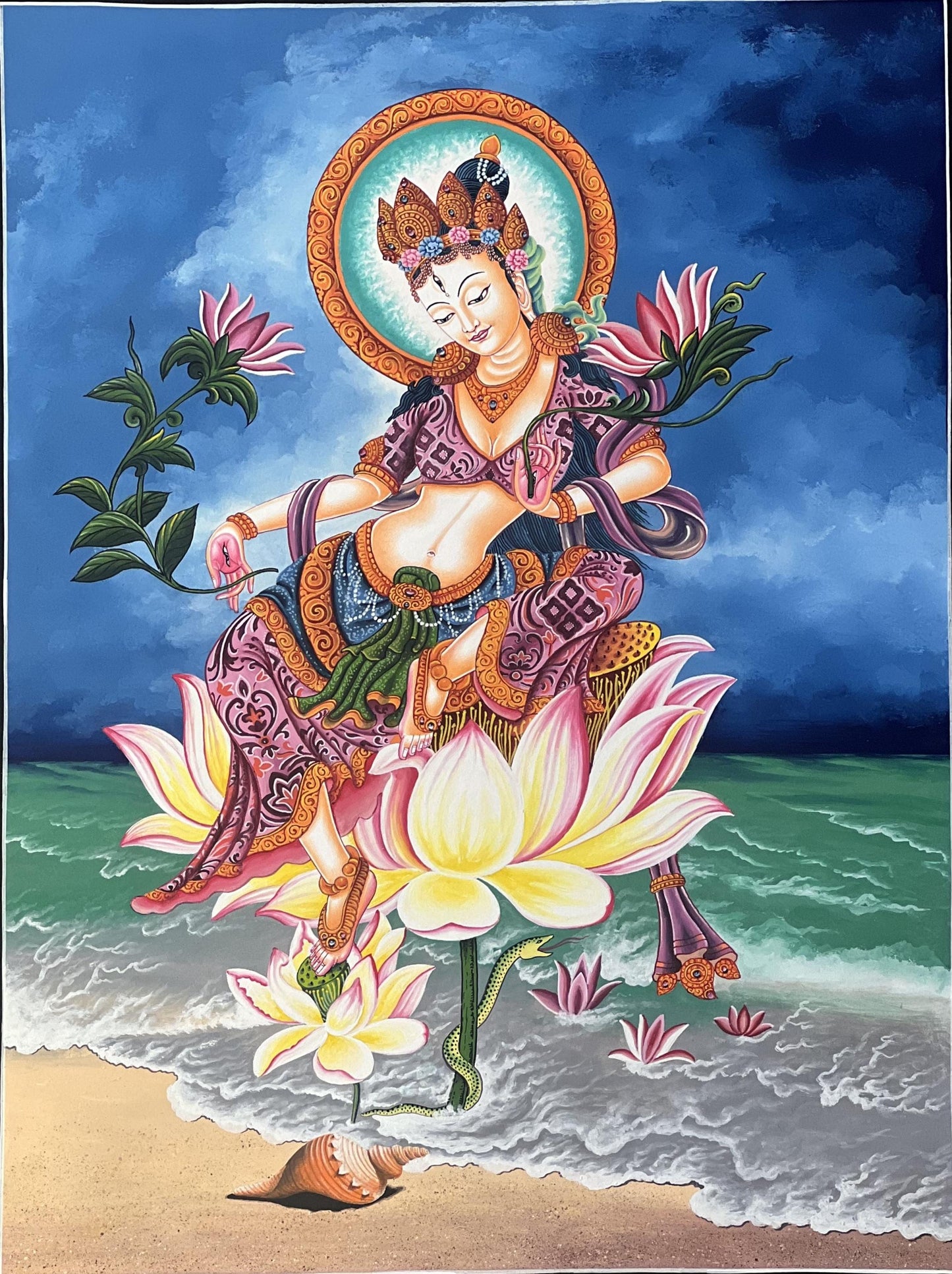 Hand-Painted White Tara Thangka – Newari Paubha Art From Nepal