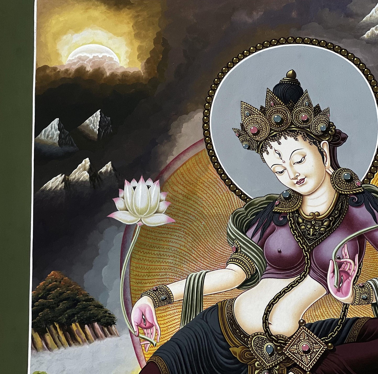 Hand-Painted White Tara Thangka: Newari Paubha Art, fine Masterpiece