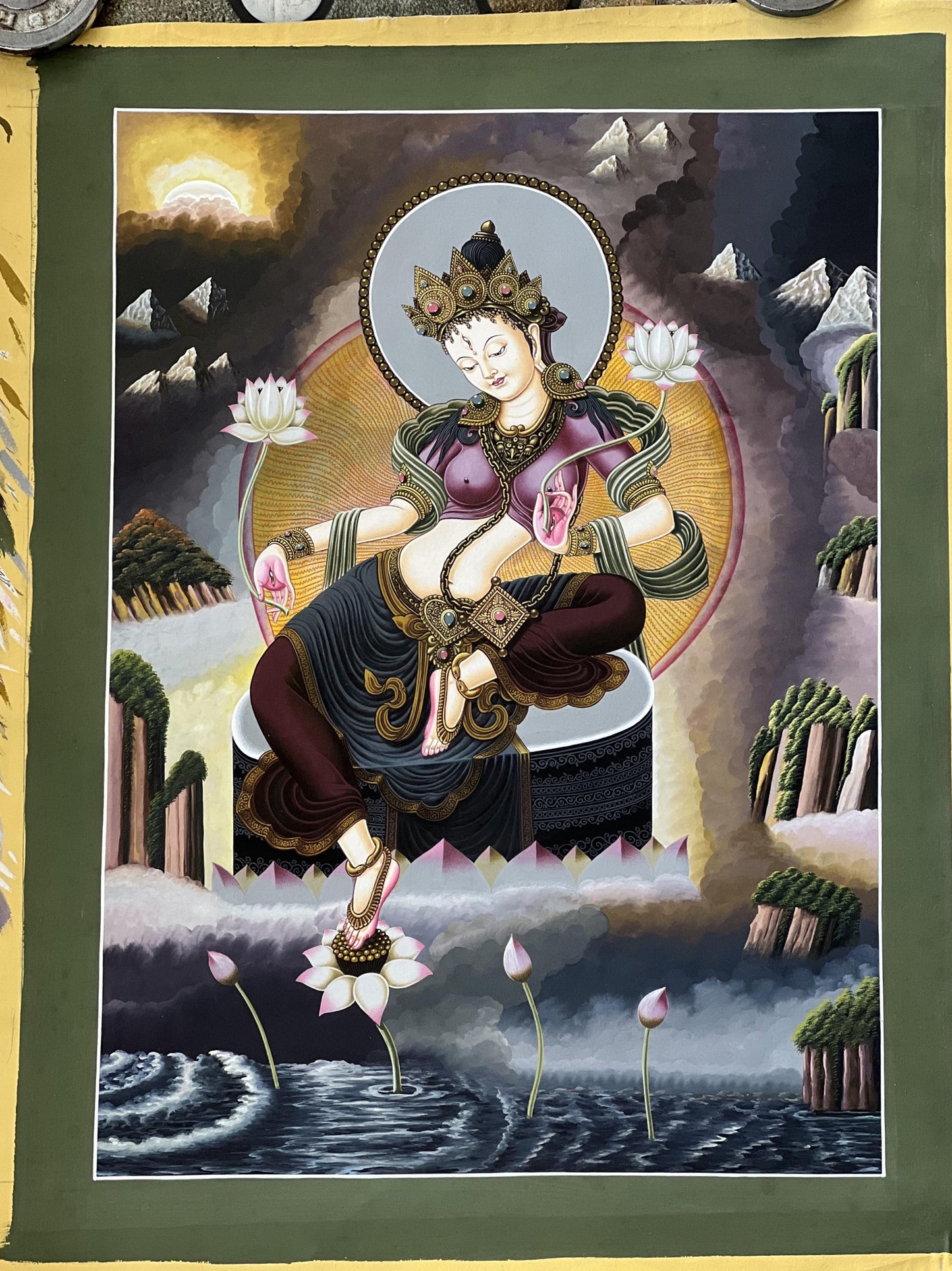 Hand-Painted White Tara Thangka: Newari Paubha Art, fine Masterpiece