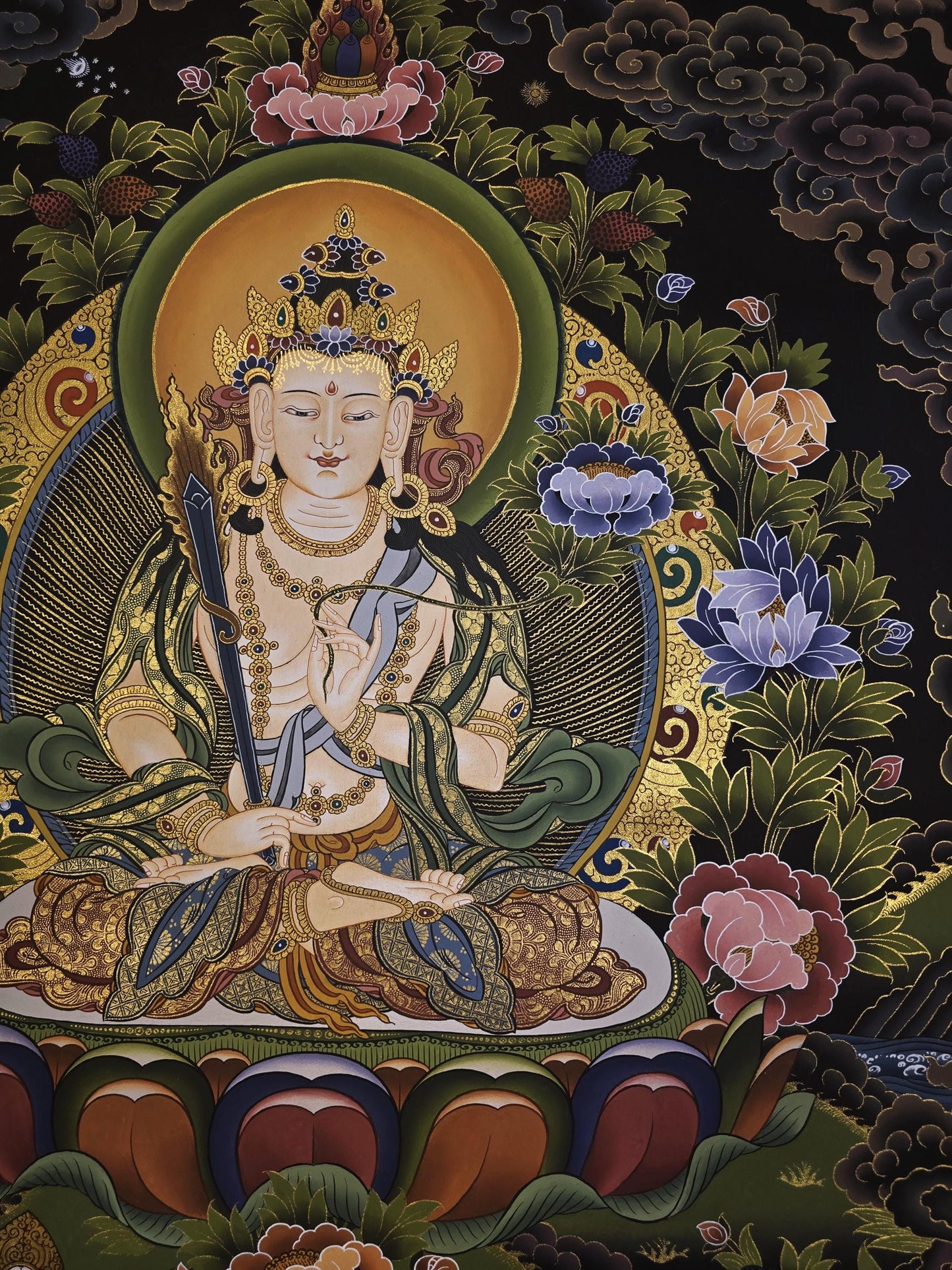 Original Hand-Painted White Manjushri Thangka | Compassion & Meditation Wall Hanging | Tibetan Thanka Painting