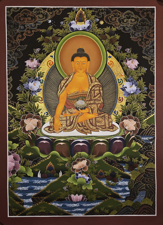 Hand-Painted Buddha Thangka | Shakyamuni, Gold Detailing, Nepalese Buddhist Art