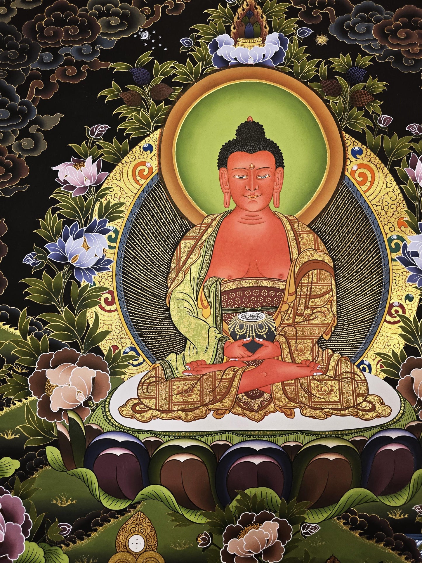 Hand Painted Amitabha Buddha Thangka Painting: Gold Tibetan Wall Art