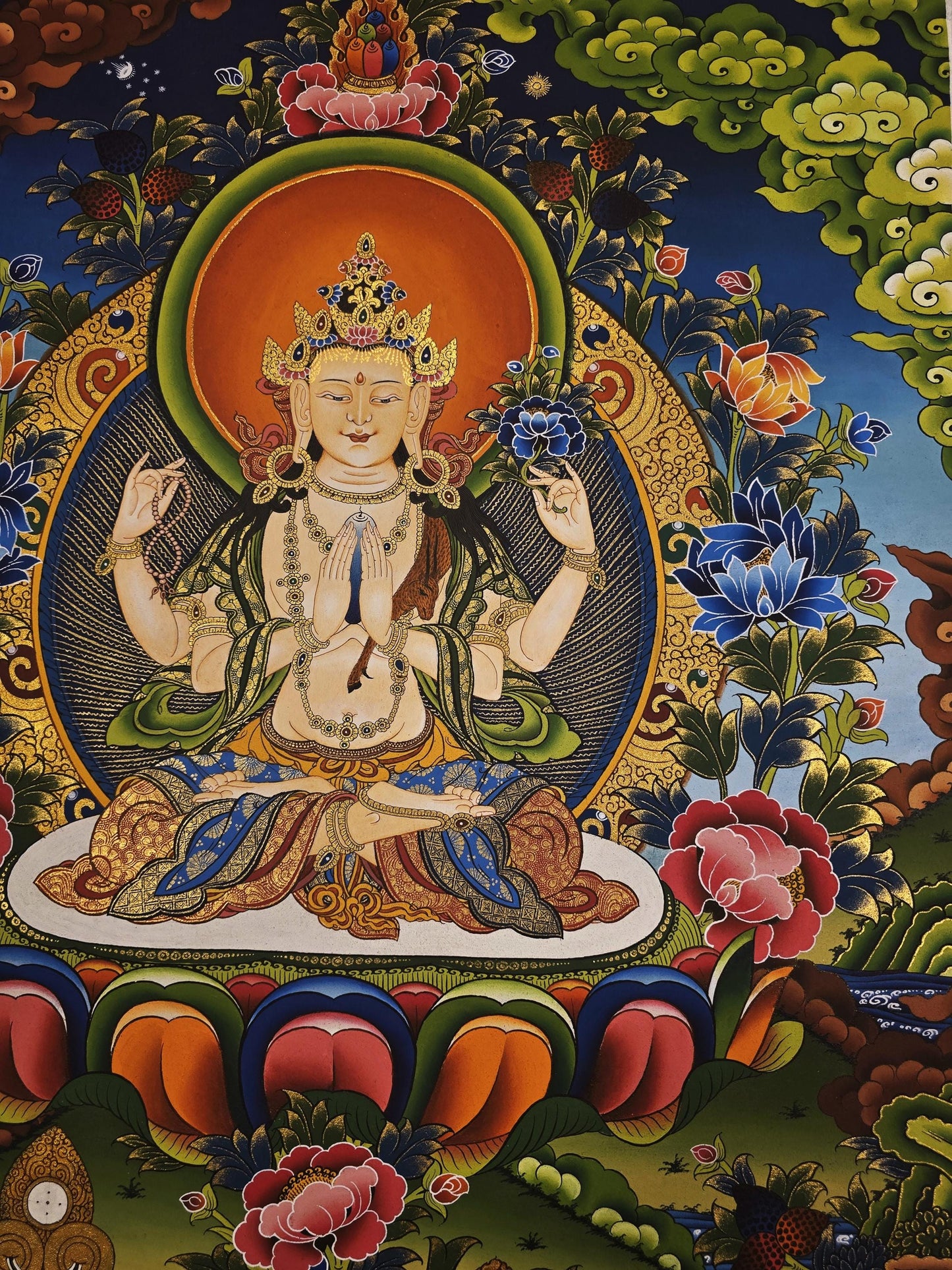 Eight-Armed Chenrezig Thangka | Avalokiteshvara Bodhisattva | Hand-Painted Tibetan Art | Silk Brocade | Compassion Deity Painting