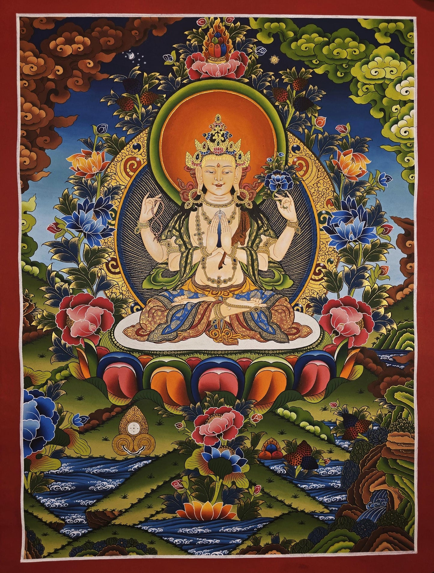 Eight-Armed Chenrezig Thangka | Avalokiteshvara Bodhisattva | Hand-Painted Tibetan Art | Silk Brocade | Compassion Deity Painting