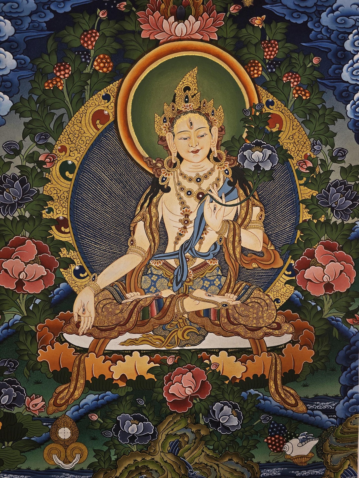 Hand-Painted White Tara Thangka – Tibetan Art with Gold Accents
