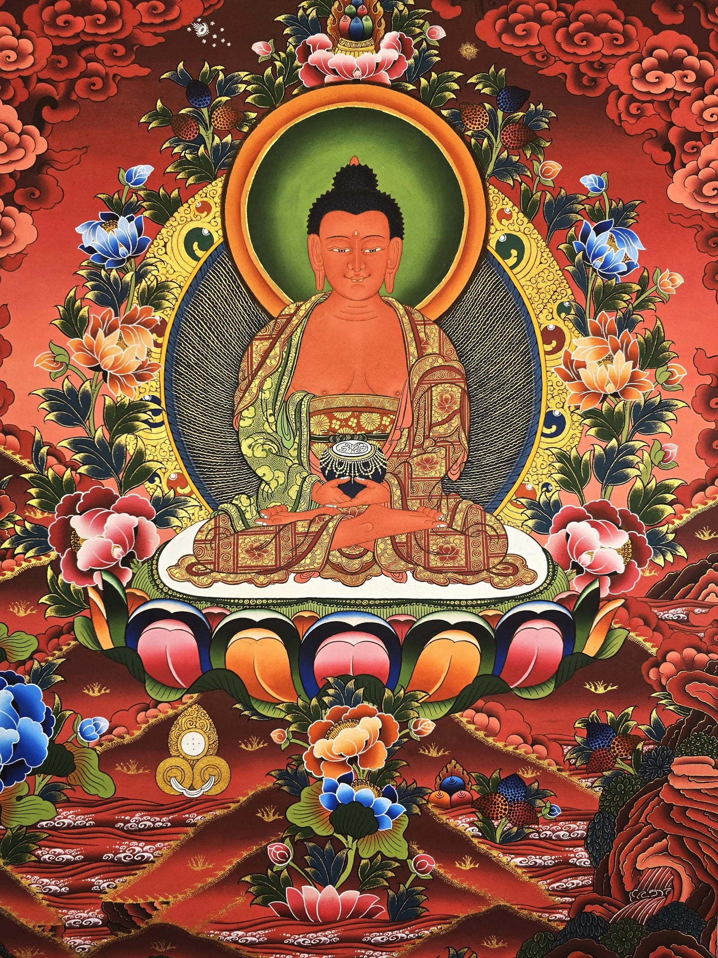 Original Tibetan Thangka of Amitabha Buddha – Hand-Painted Gold Masterpiece for Compassion and Meditation