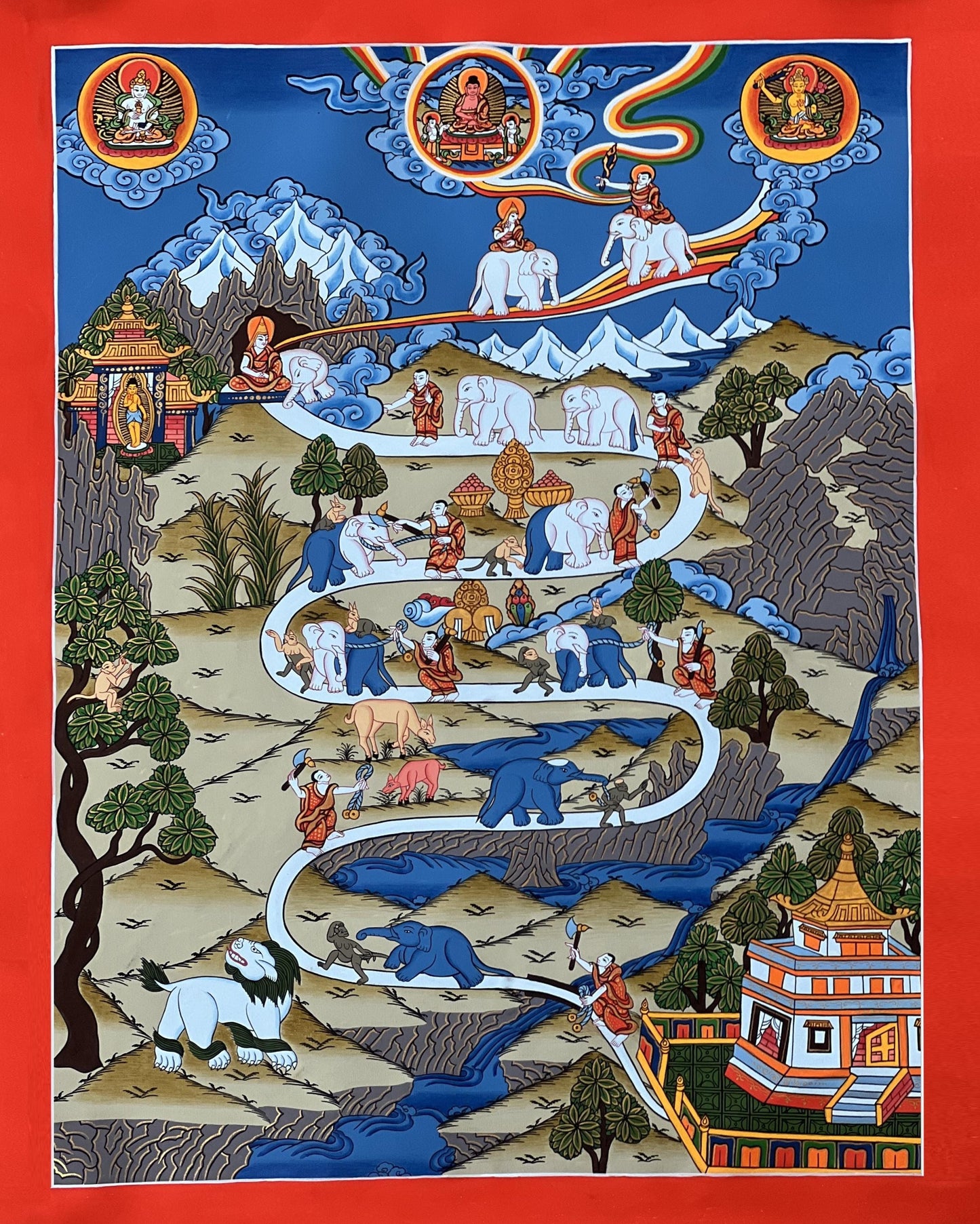 Samatha Meditation Thangka • Tibetan Buddhist Masterpiece Art • Nine Stages of Calm Abiding • Mind Training