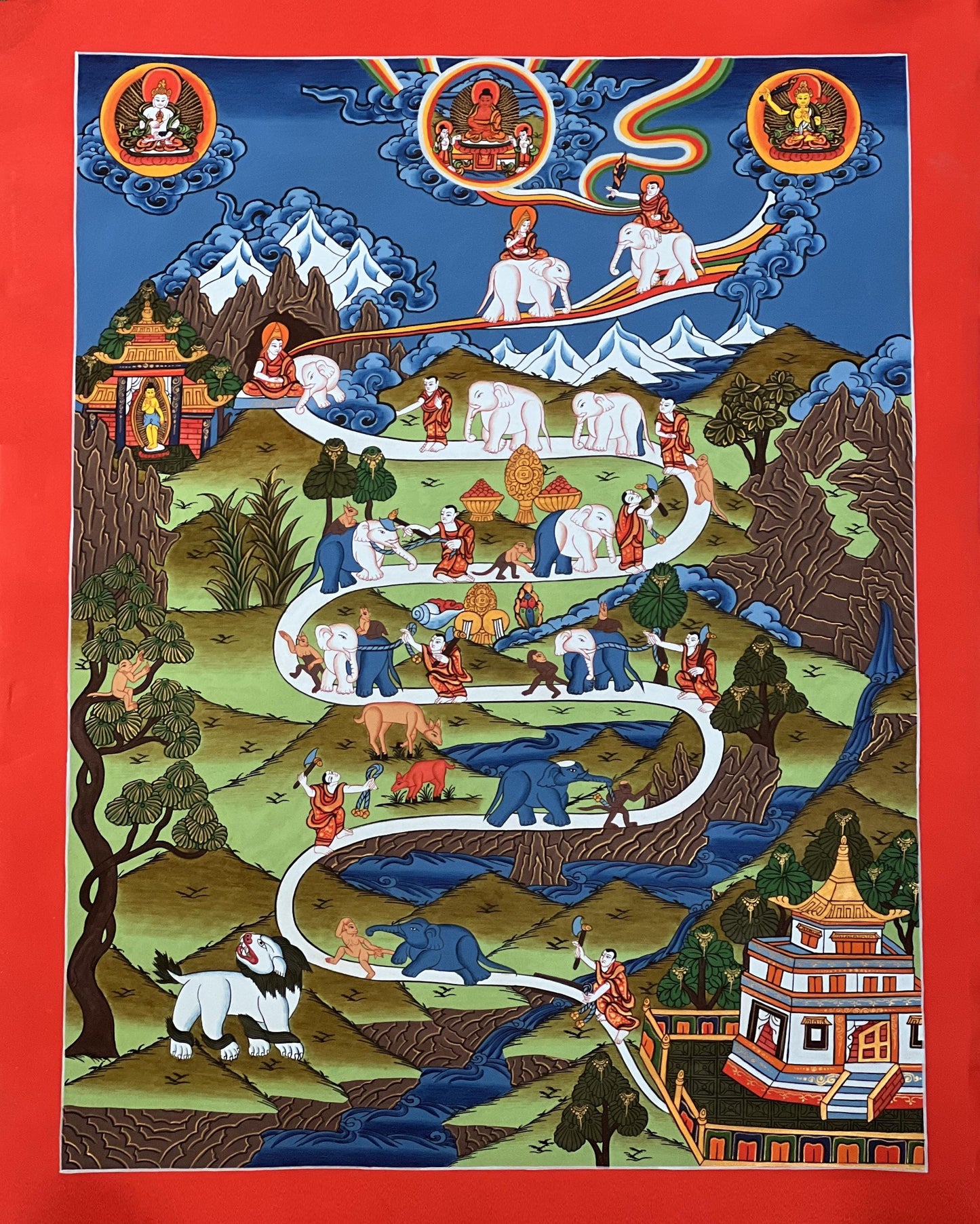 Samatha Thangka • Nine Stages of Meditation • Tibetan Buddhist Art • Elephant & Monkey Mind Training Painting