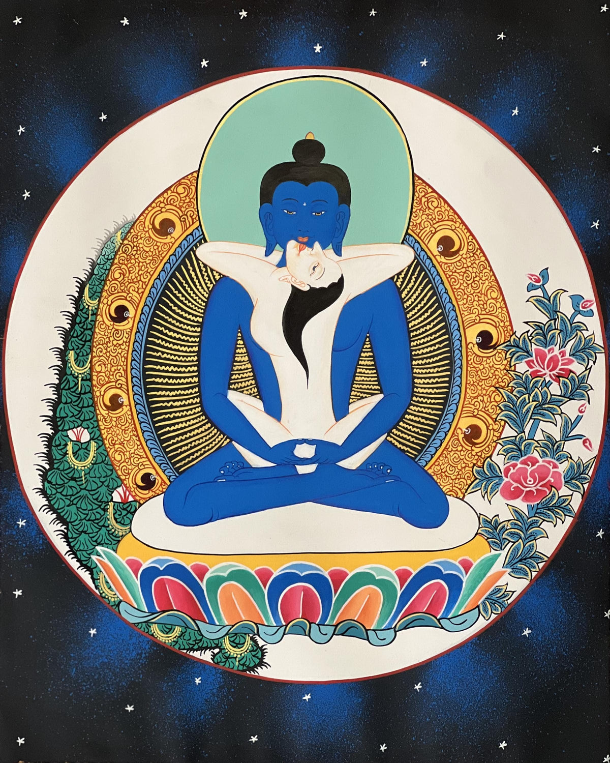 Samantabhadra Thangka Painting with Silk Brocade