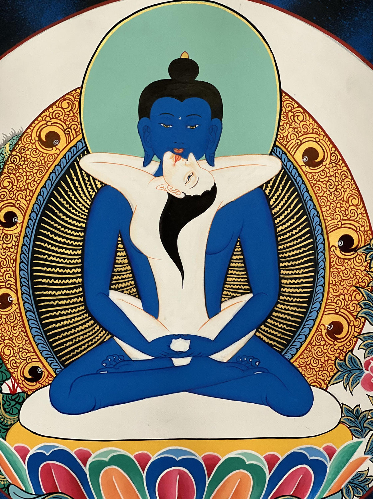 Samantabhadra Thangka Painting with Silk Brocade