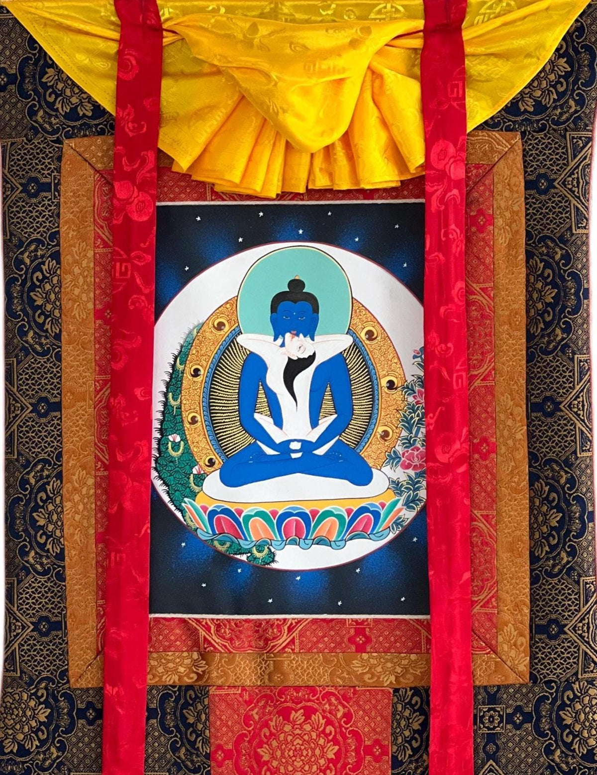 Samantabhadra Thangka Painting with Silk Brocade